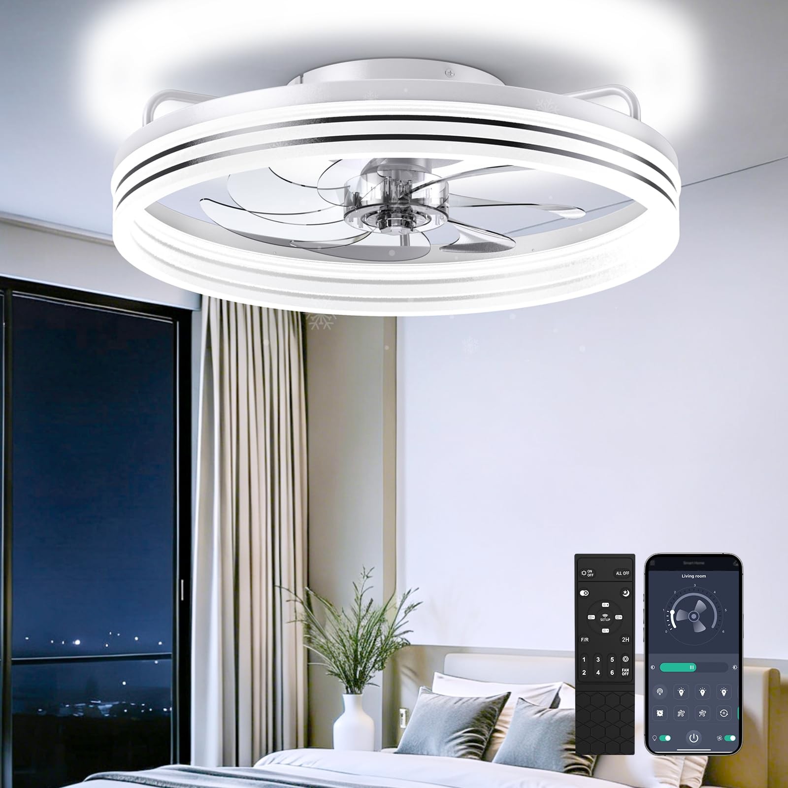 Ceiling Fan with Light,20" Flush Mount Ceiling Fan,6 Speeds,3000-6500K Dimmab...