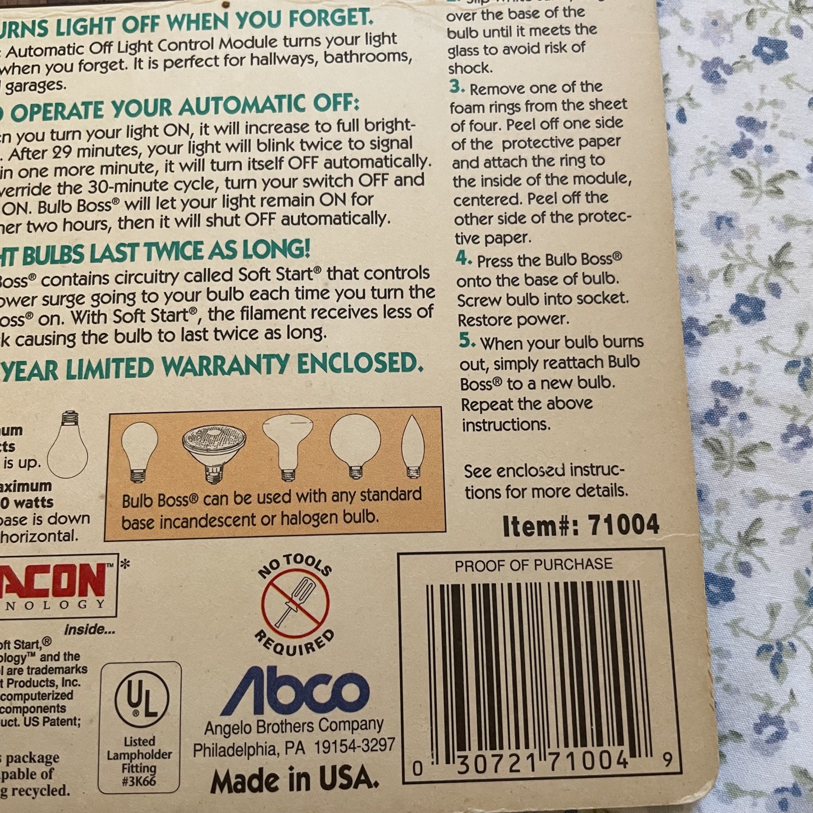 ABCO Beacon 30 Minutes Automatic Off Incandescent Light Bulb Control Button USA