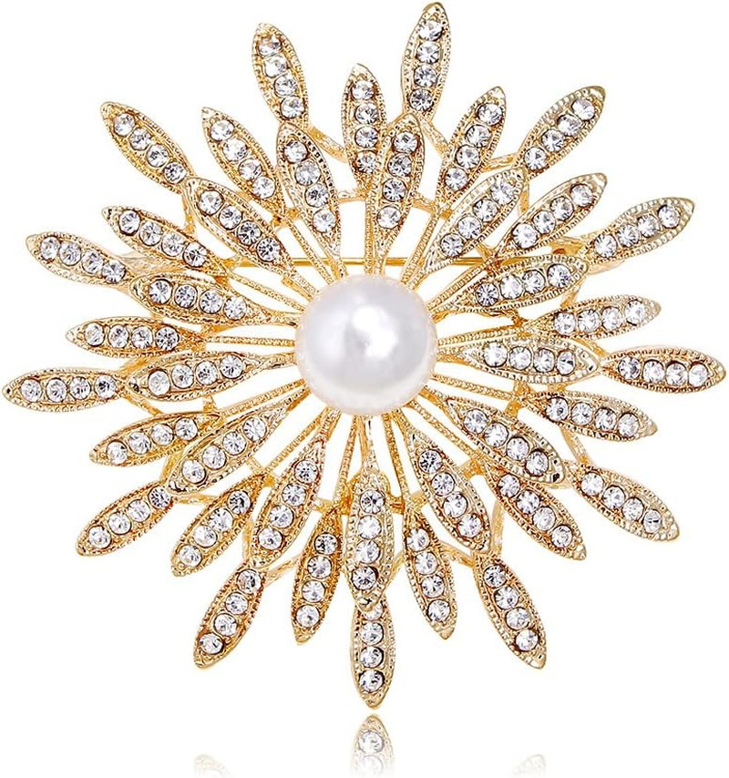 14K Gold Plated Flower Brooch Pin for Women Girls Simulated Pearl Rhinestone ...