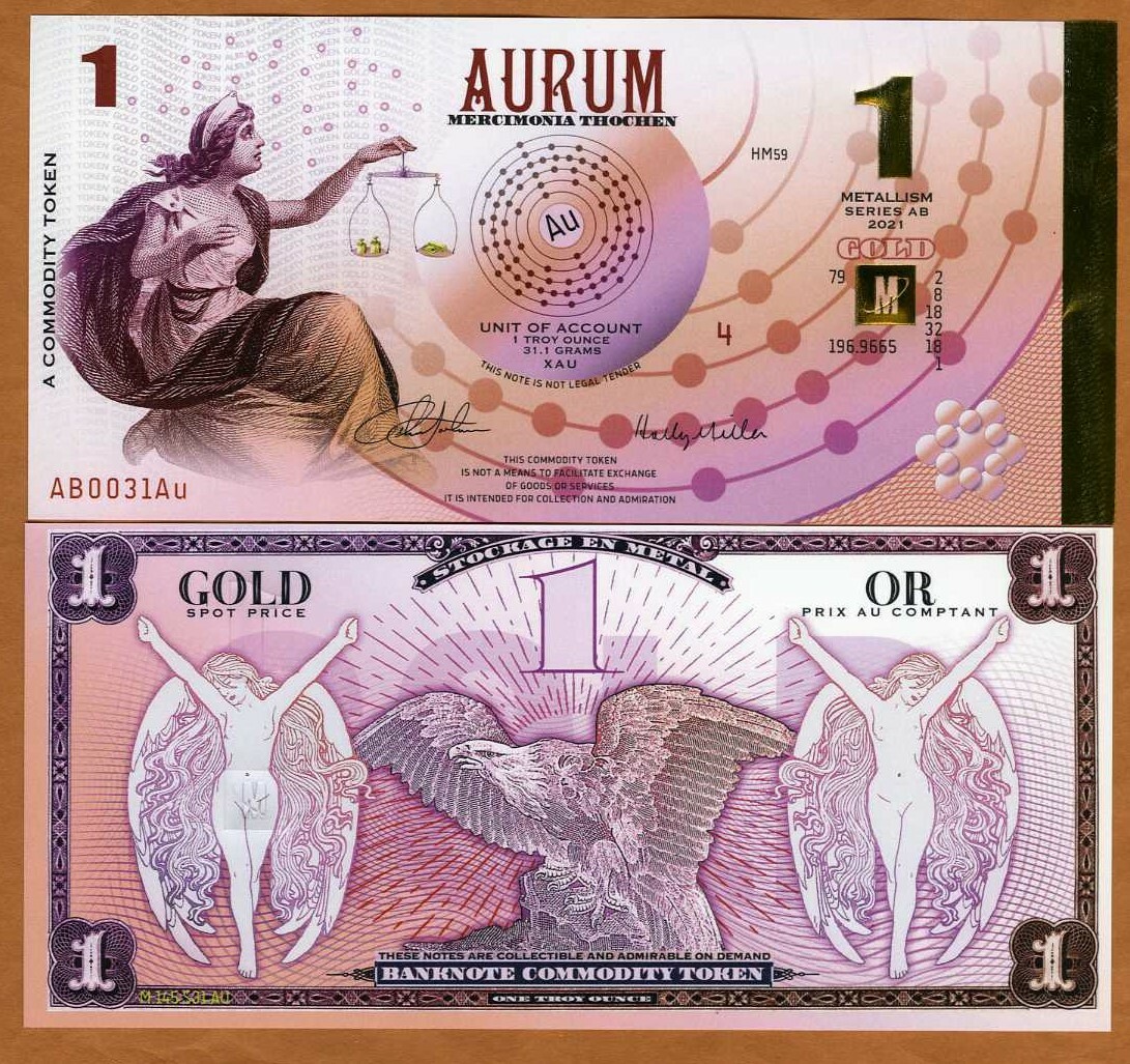 Aurum, 1 metallism, a commodity token, 2021, polymer, golden foil, UNC