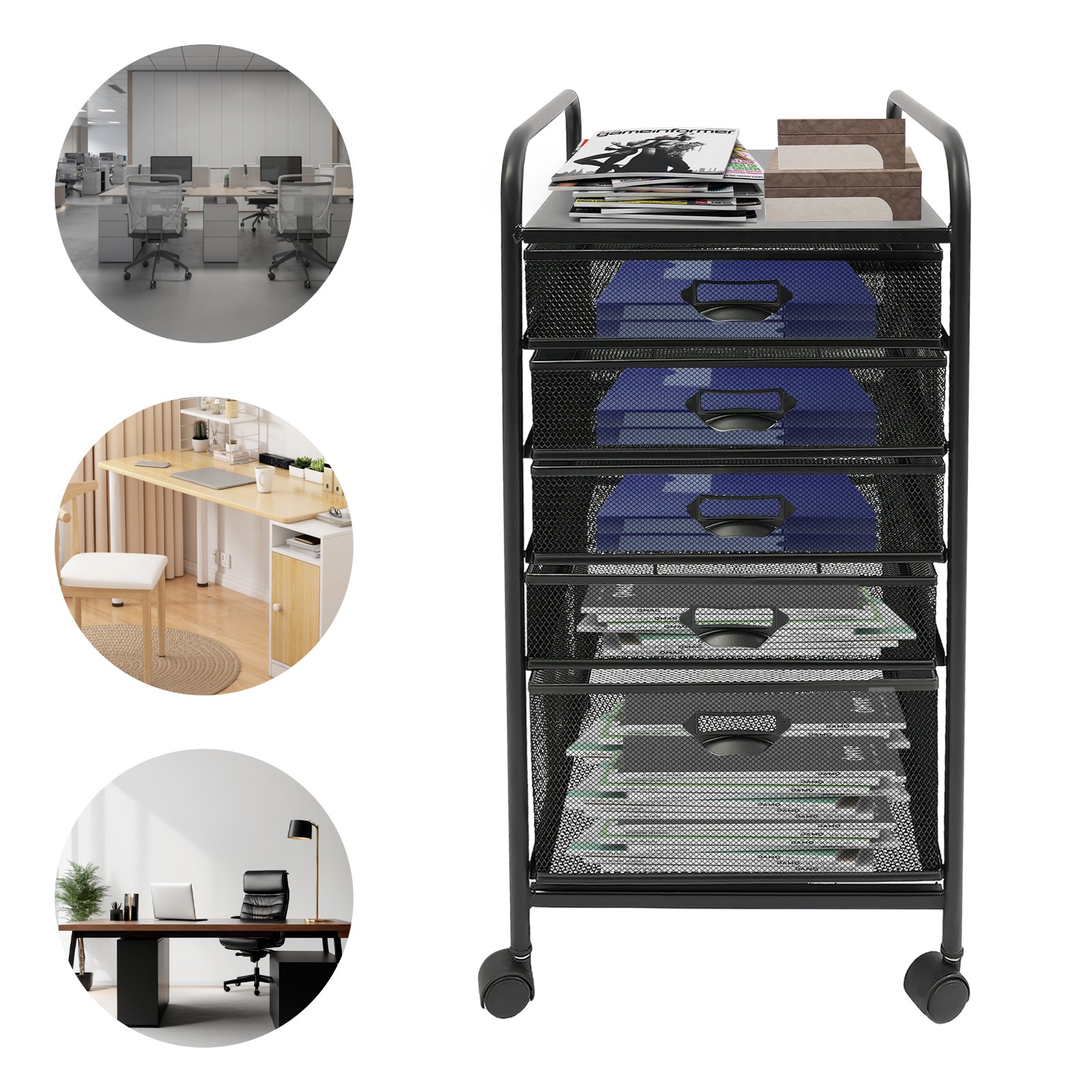 5-Drawer Rolling Storage Cart, Utility Cart with Drawers, Black Metal Craft Cart