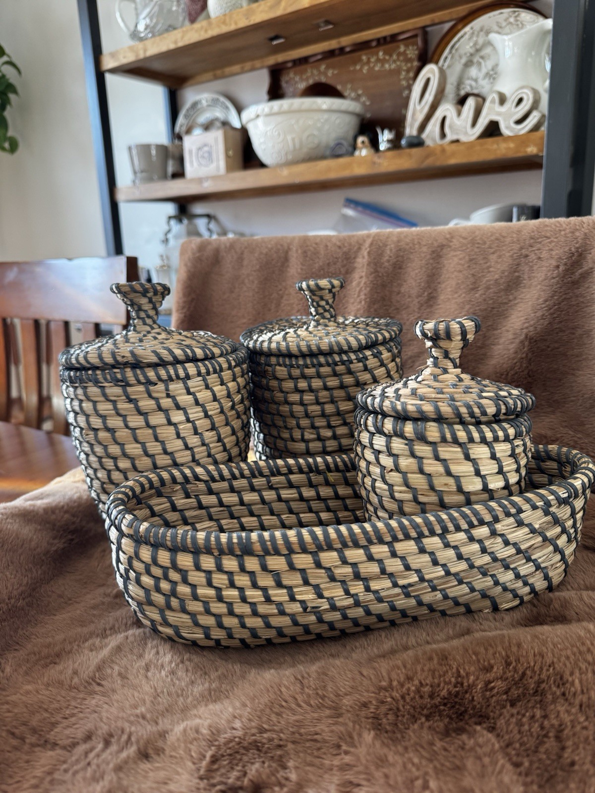 VTG 4 Piece Set Sweetgrass Canisters Lids And Oval Woven Basket Primitive