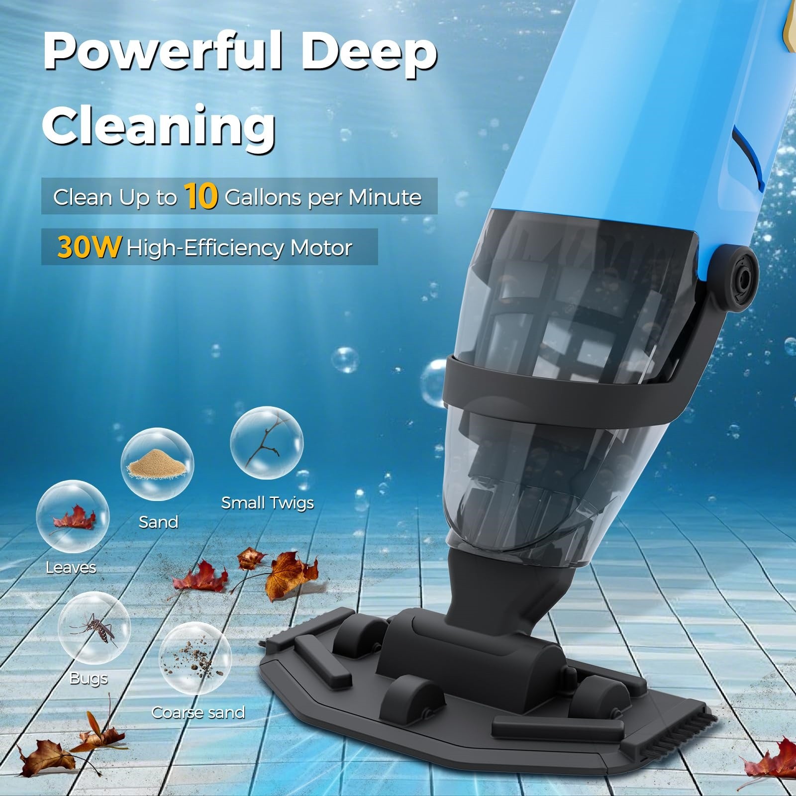 Powered Cordless Handheld Pool Vacuum, Rechargeable Pool Cleaner 60 Mins Runtime