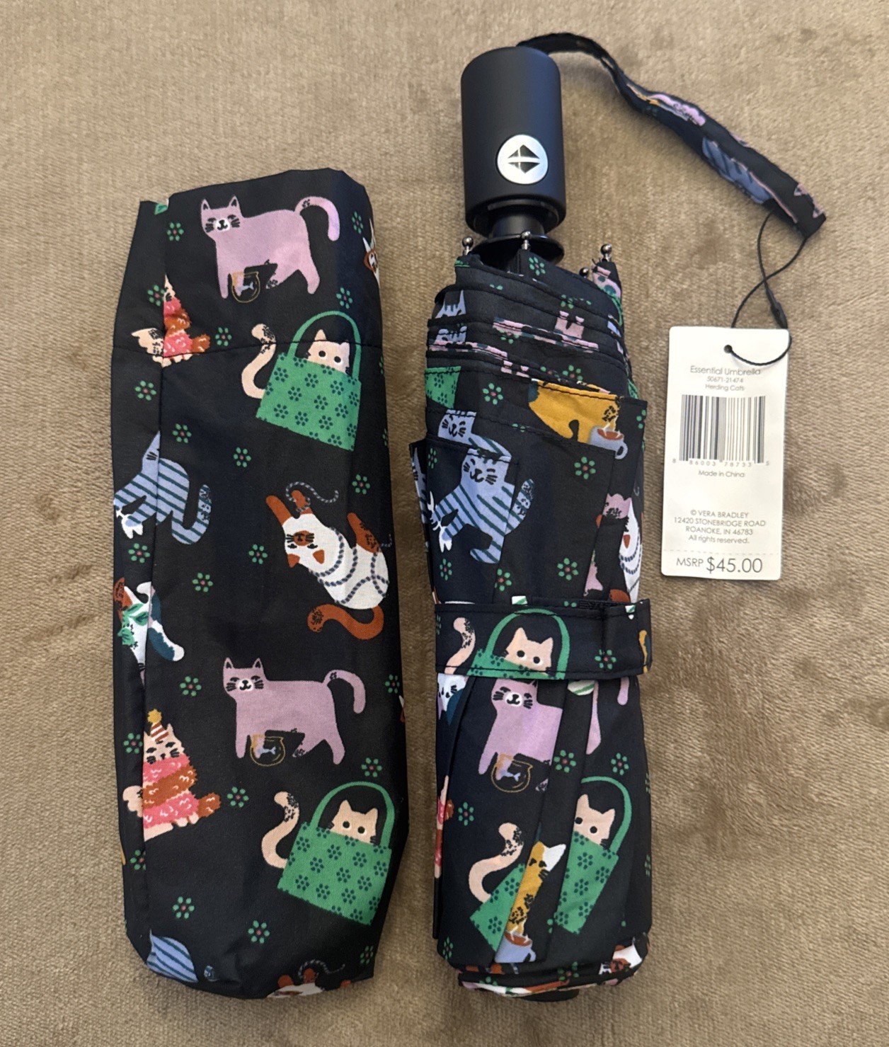 NWT- Vera Bradley Essential Umbrella Herding Cat Multi-Colored Black $45