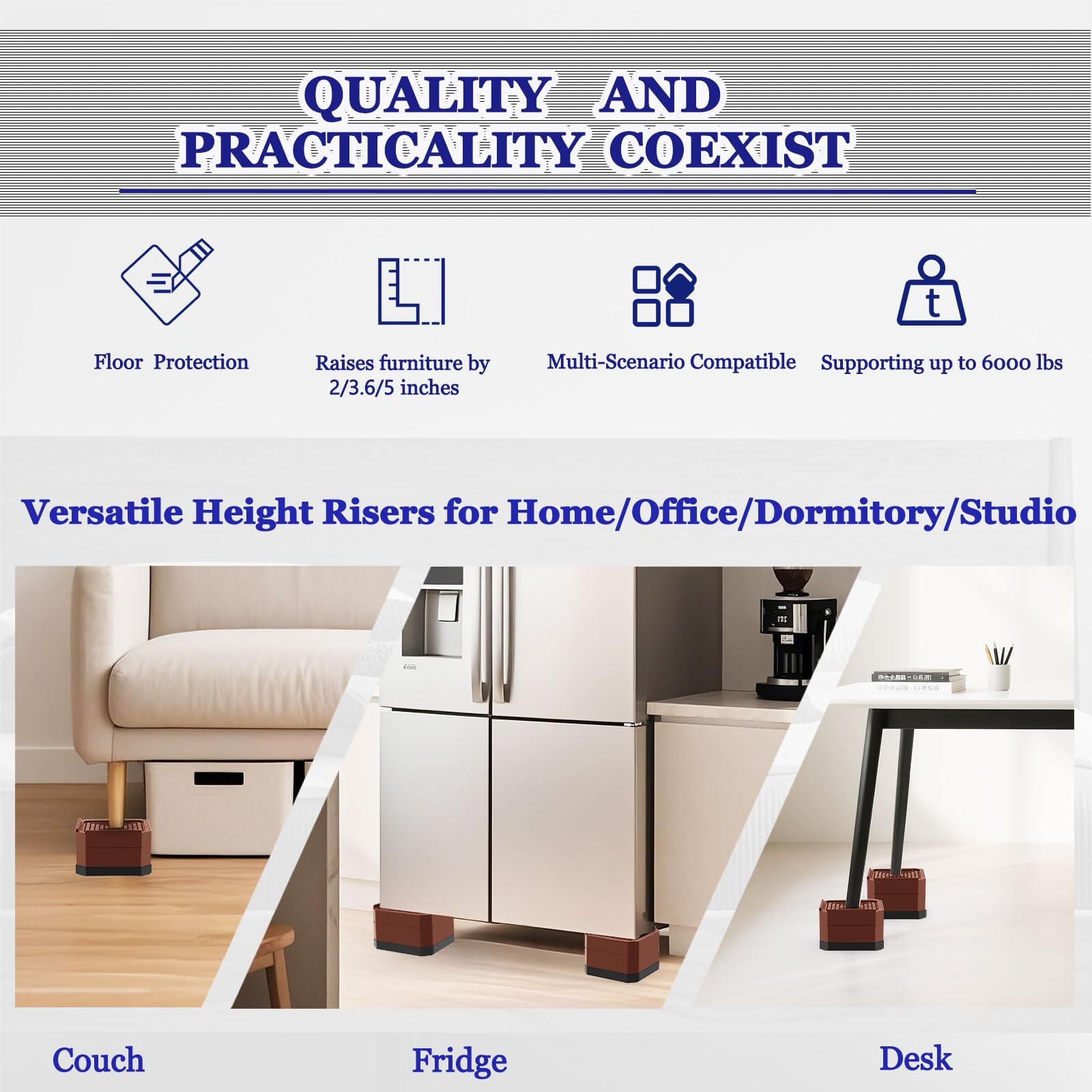 4 Pack Wide Base Bed Risers 2 Inch Stackable Furniture Lifts Support 6000lbs