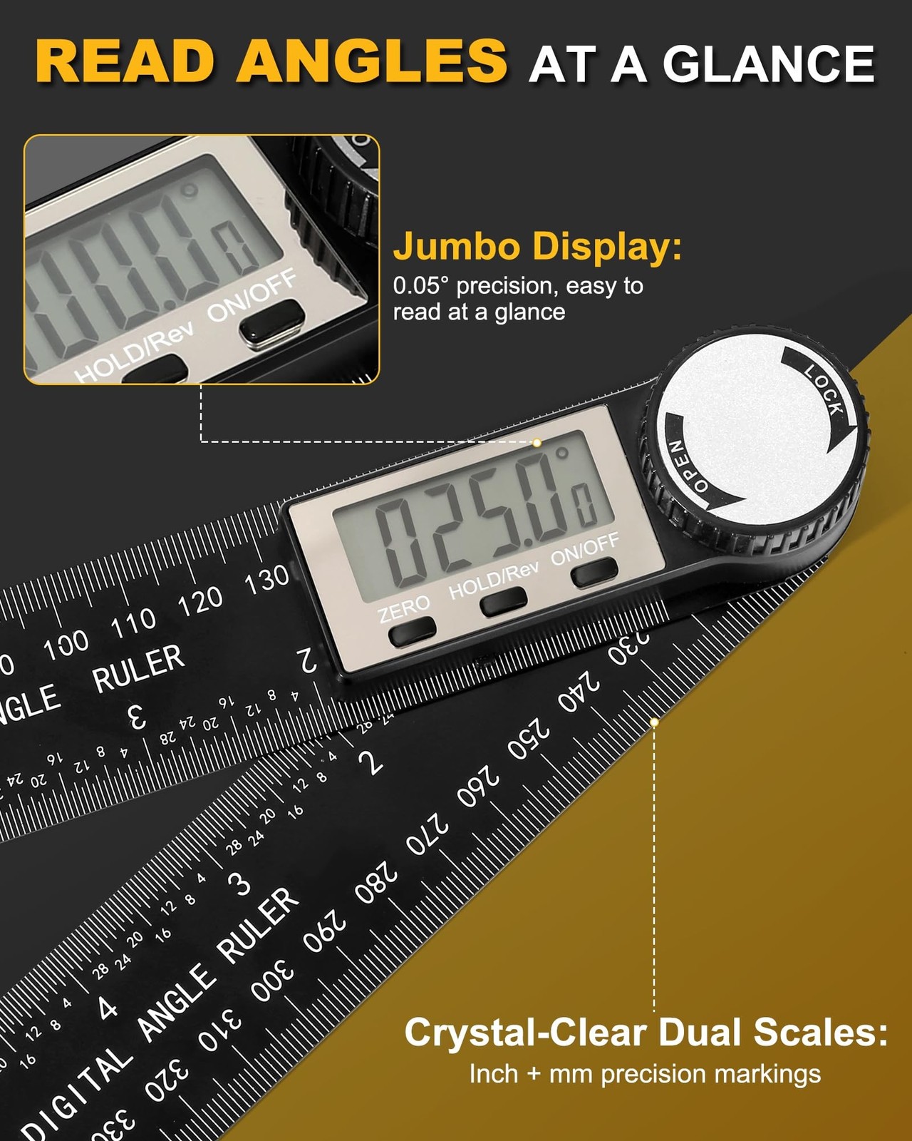 Protractor, Digital Angle Finder Protractor with LCD Display, 2-in-1 360° A