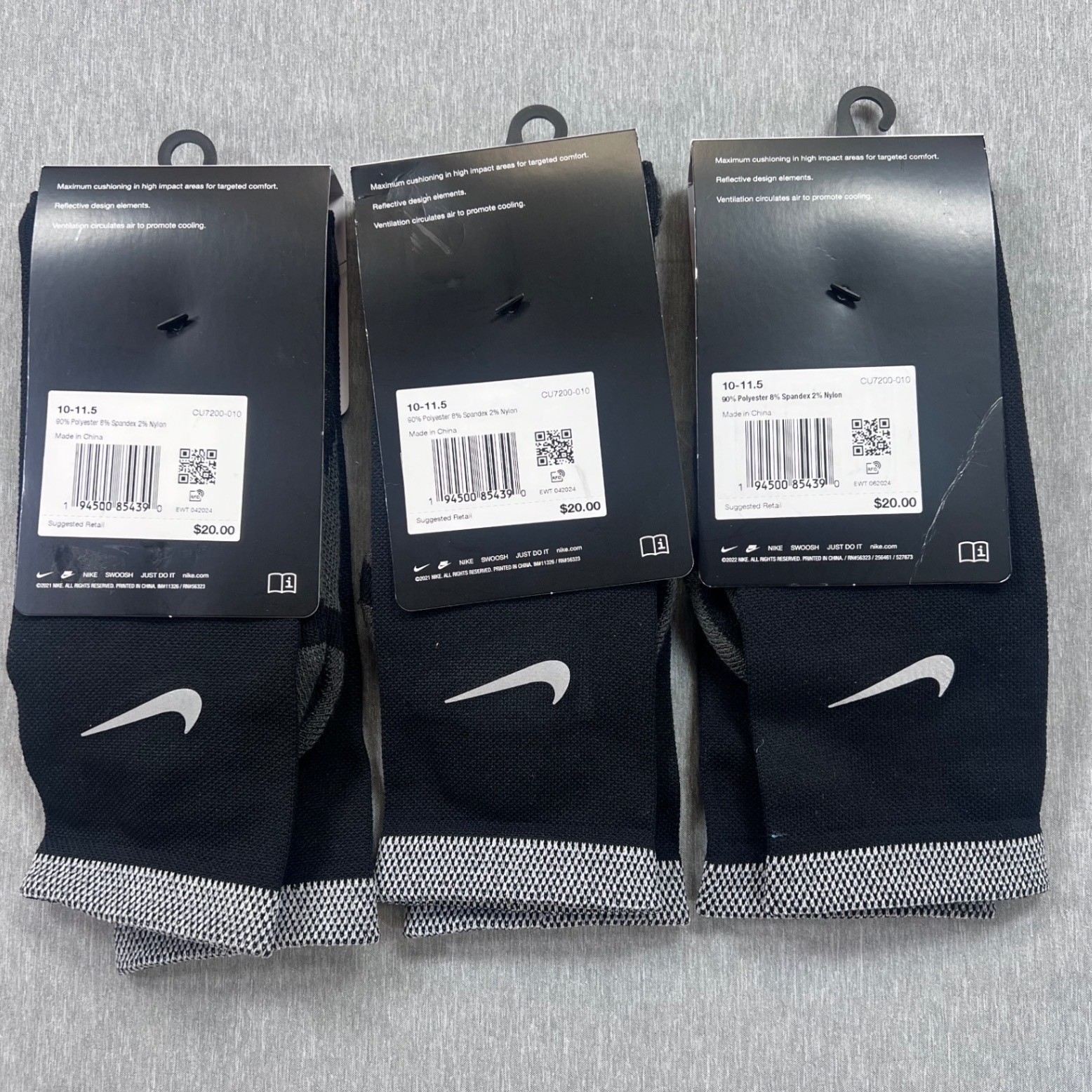 3 pair Nike Spark Running Crew Socks Black Dri-FIT Cushioned M 10-11.5 W 11.5-13