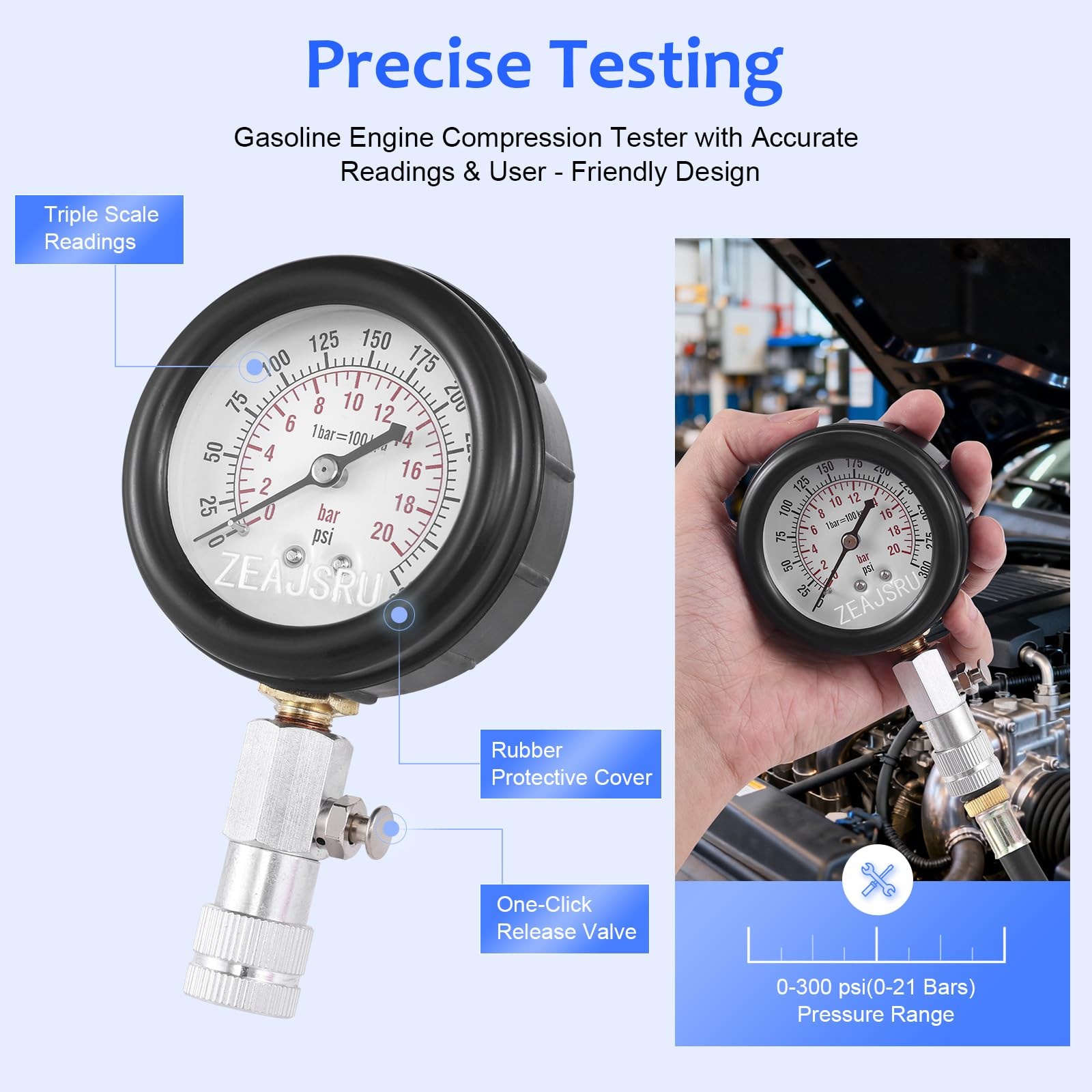 Compression Tester Kit Gasoline Engine Cylinder Pressure Gauge 0300 PSI 8PC