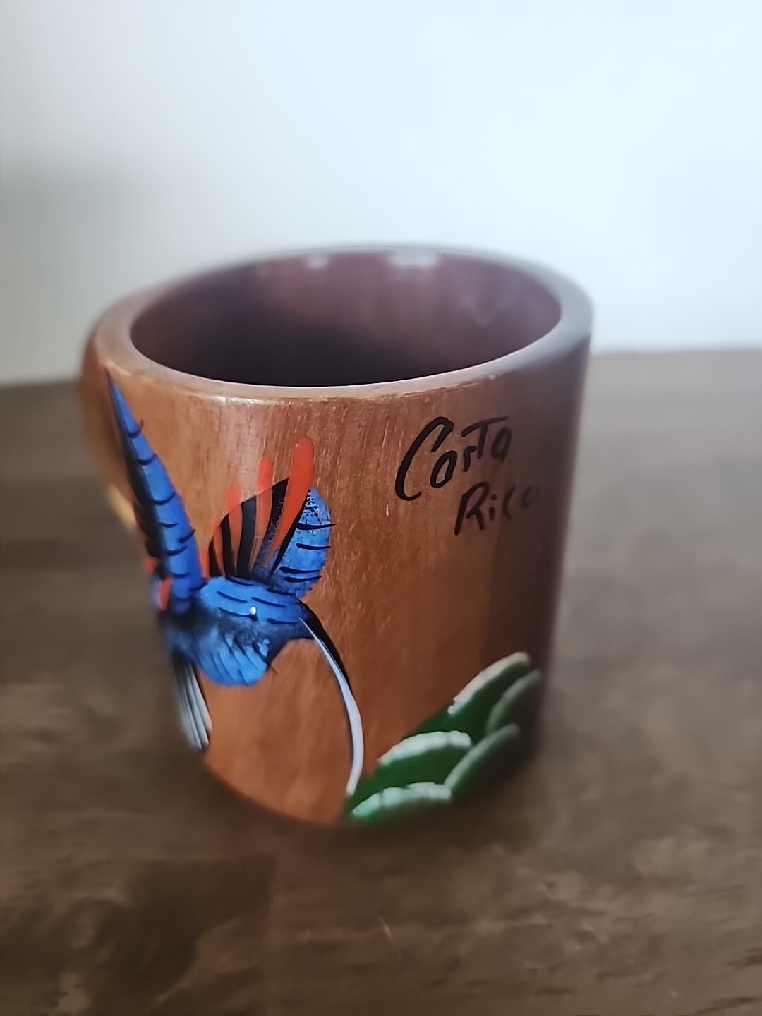 Wooden Mug Hand-painted Purple Hummingbird Costa Rica 3.25"