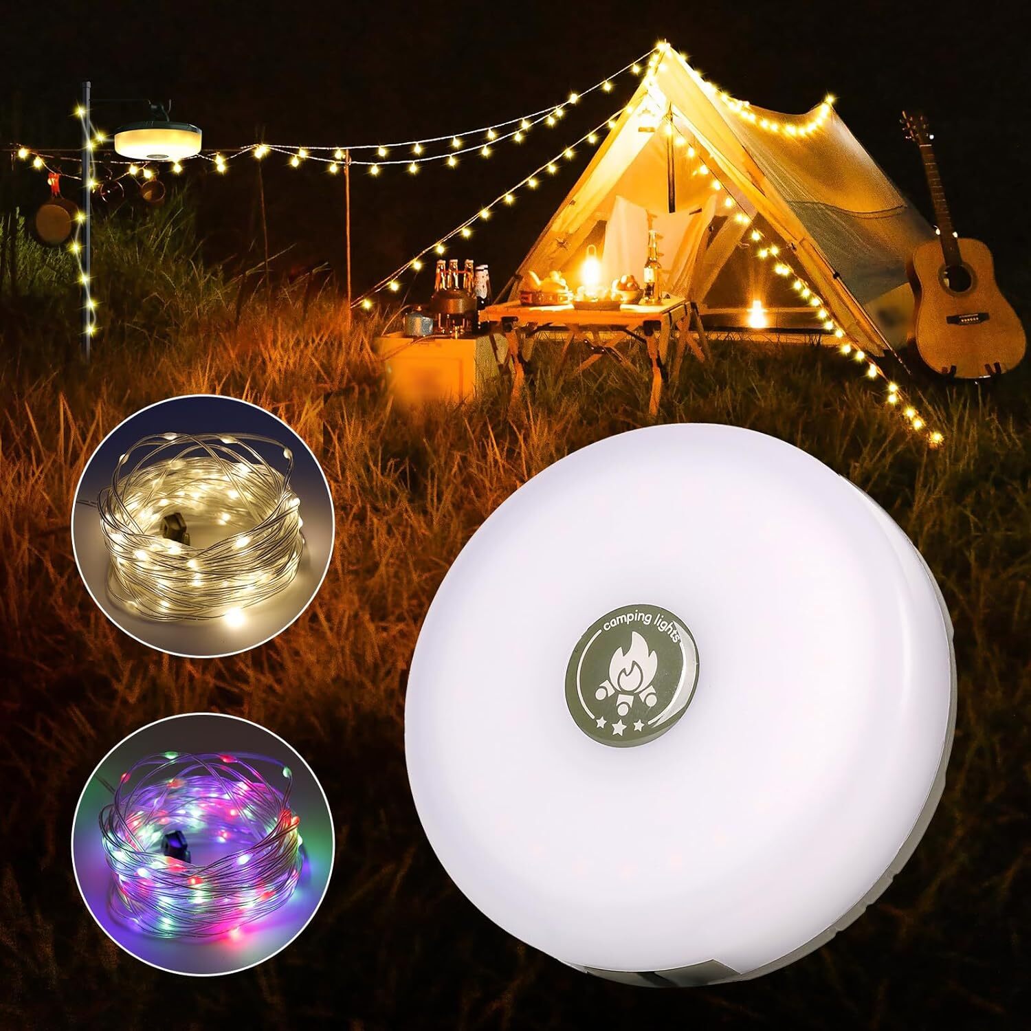 33ft Camping String Lights USB Outdoor Rechargeable LED Garden Lamps Lighting