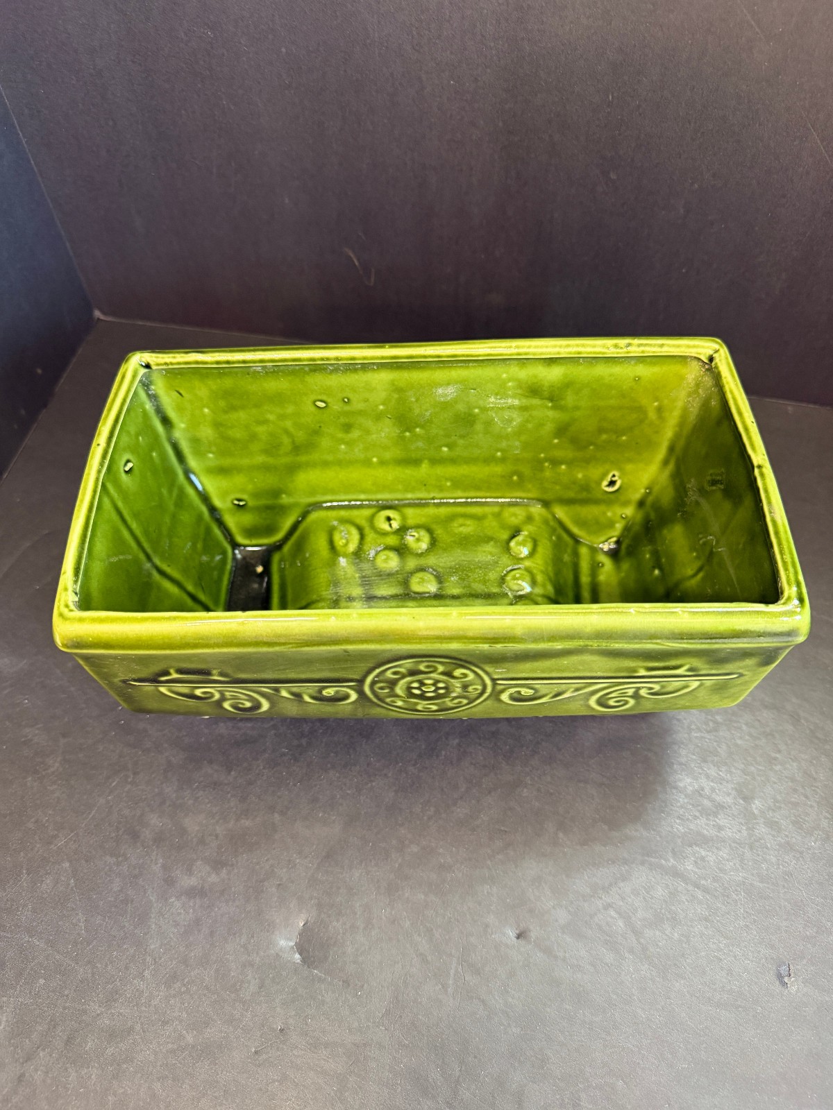 Vintage Green Ceramic Planter Mid Century Scroll Design Footed Plant Pot 9”