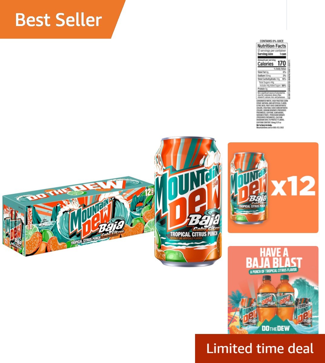 Mountain Dew Baja Cabo Citrus Limited Edition - 12 Cans of Fun and Refreshment