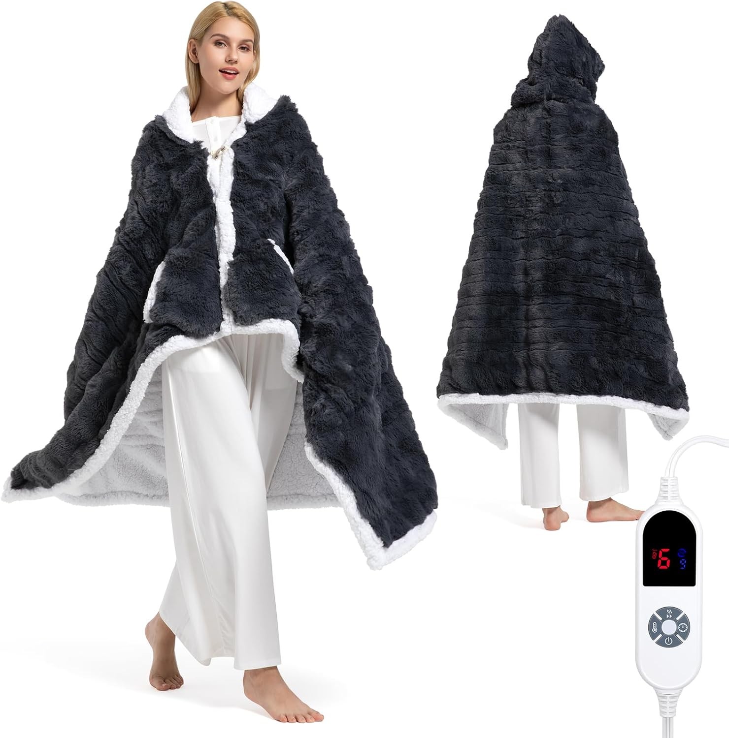 Wearable Heated Blanket Hoodie, Luxury Faux Fur & Sherpa Electric Throw