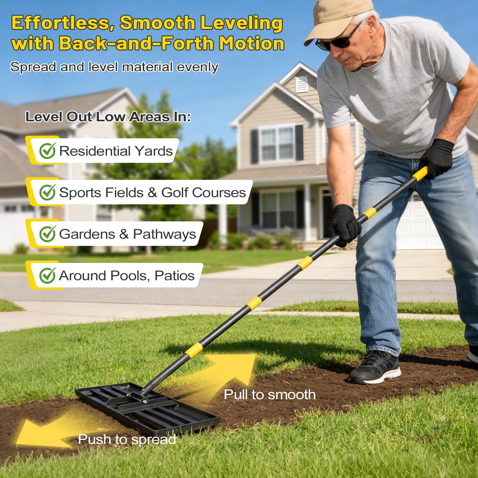 Lawn Leveling Rake with 72" Adjustable Handle for Grass, Soil & Golf Fields