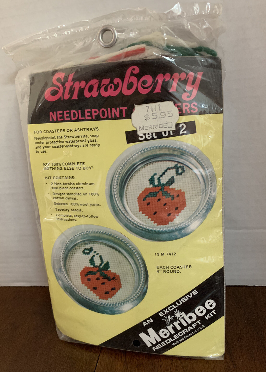 Merribee Needlecraft Kit 2- 4" Round Coasters Ashtrays Strawberry NEW Complete