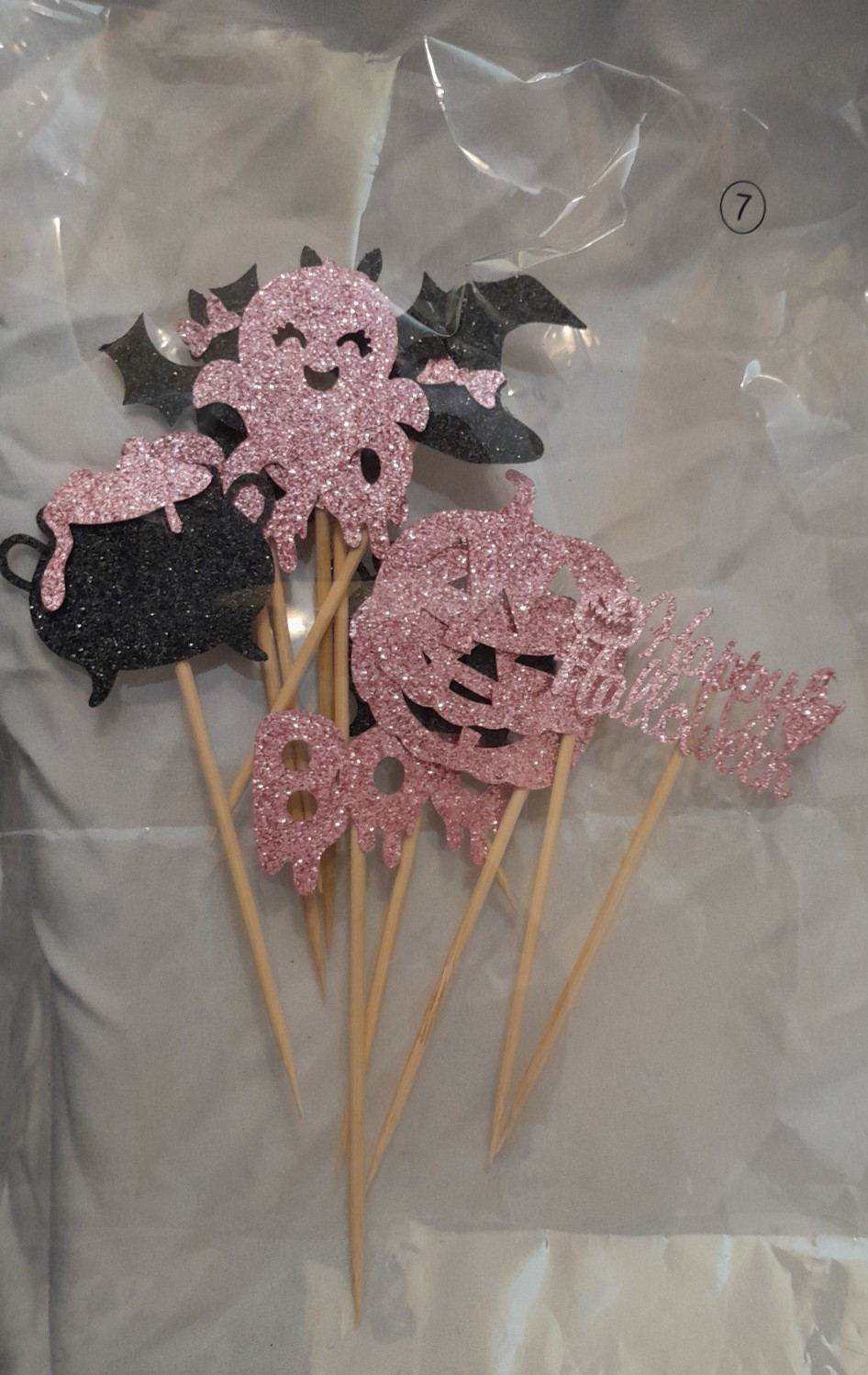 Pink and Black Glitter Halloween Cupcake Toppers 13 Count