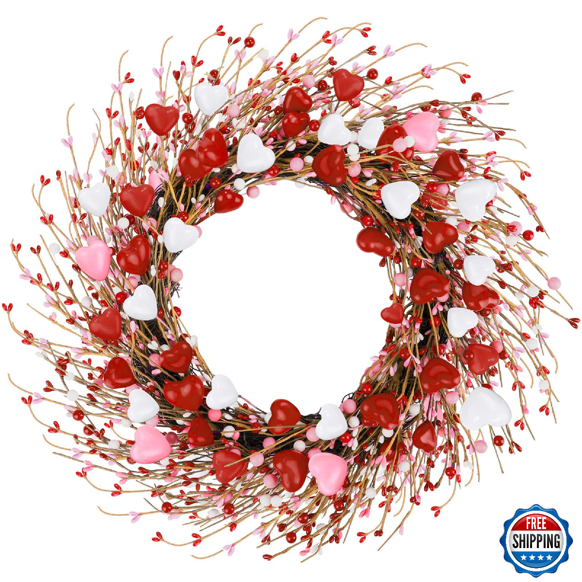 ANVAVO Valentine’s Day Wreath 26 Inches Red Pink and White Heart Berries Artific