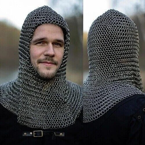 Round Riveted With Flat Warser 9 mm Chain mail shirt Medieval Coif /Hood