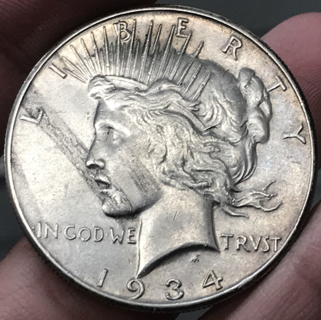 1934-S $1 Peace Silver Dollar Obverse Lamination Error AU Cleaned Rim Damage