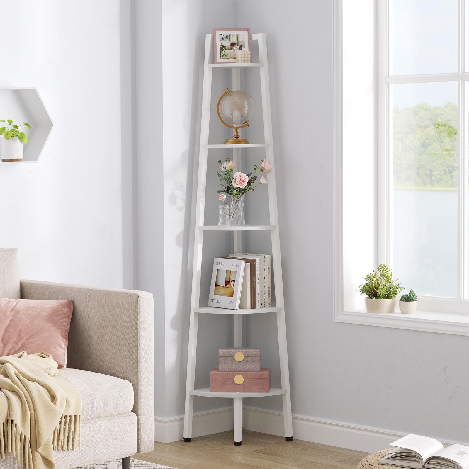 Corner Shelf, 5-Tier Corner Bookshelf, Rustic Ladder Shelf, Industrial Displa...