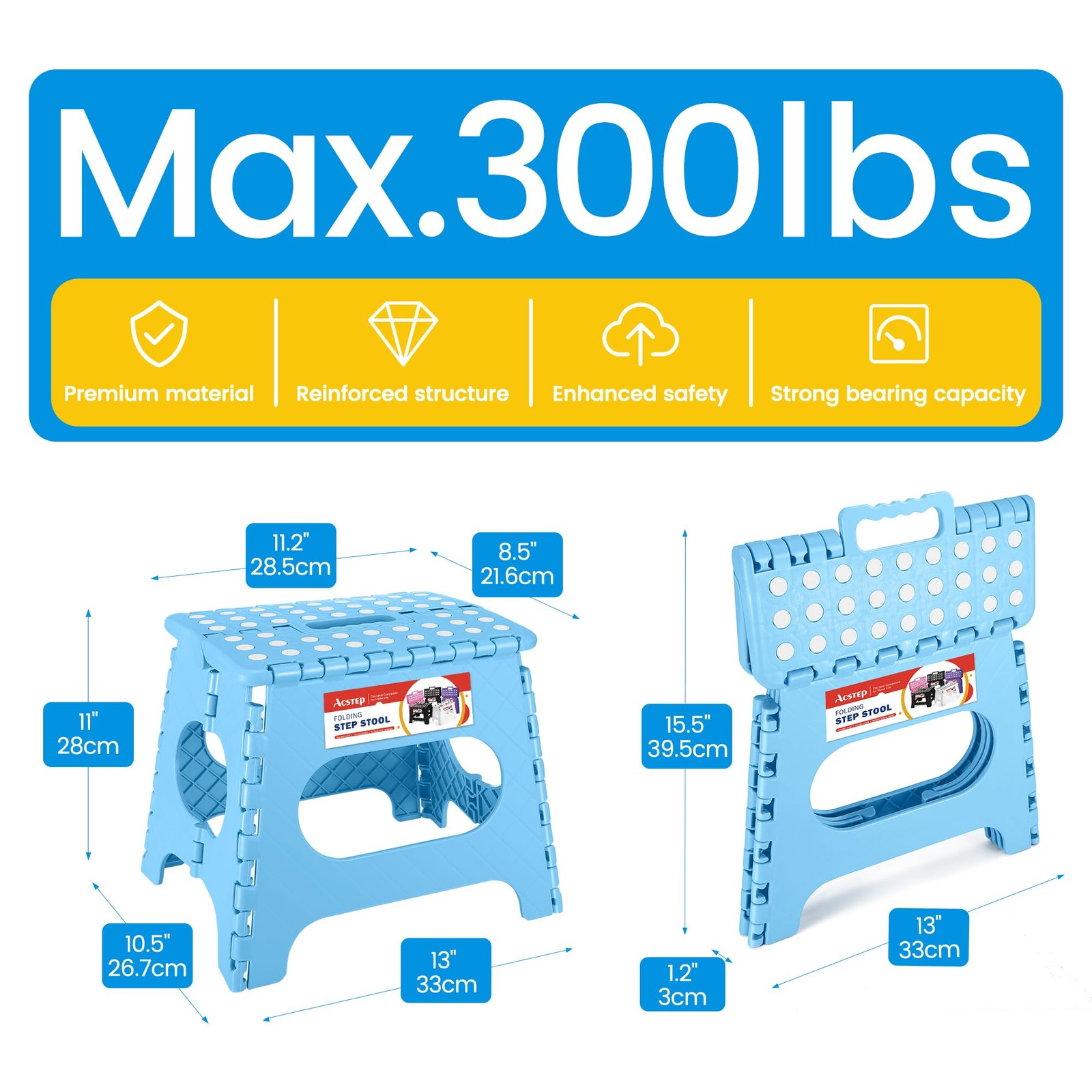Folding Step Stool 11 Inch Height Lightweight Plastic Collapsible Blue