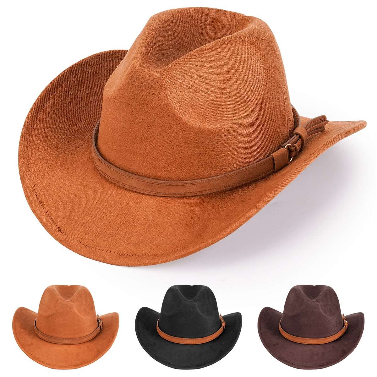 Western Vintage Hat Suede Leather Cowboy Hats Men Women Cowboy Brown Hat w/ Band
