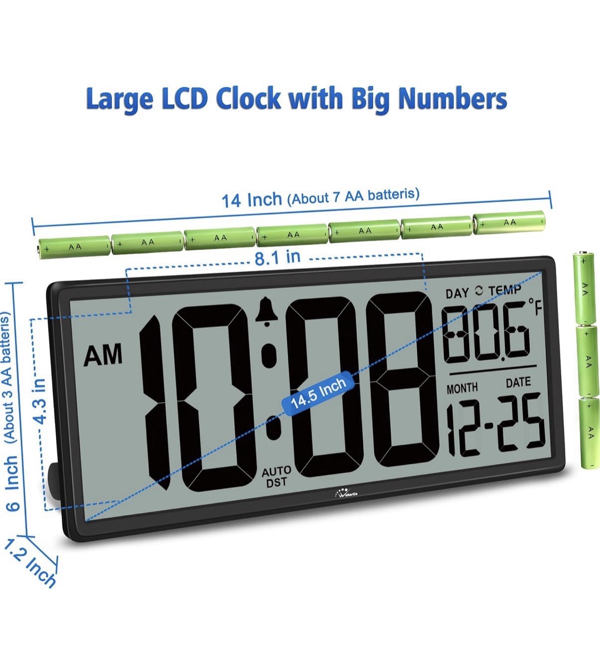 WallarGe 14.5'' Large Digital Wall Clock Battery Operated