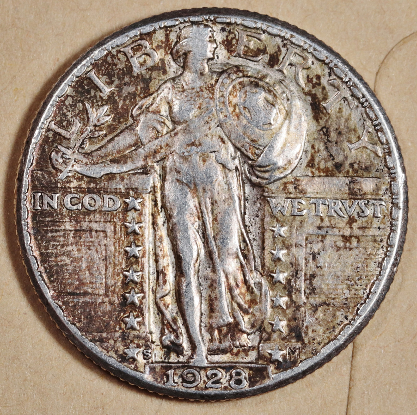 1928-s Standing Liberty Quarter.  Natural Gold Toning.  AU.  198537