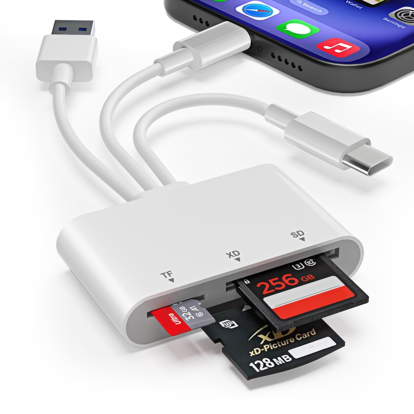 XD Card Reader, SD Reader for iPhone, 3 in 1 SD/TF/XD Adapter White