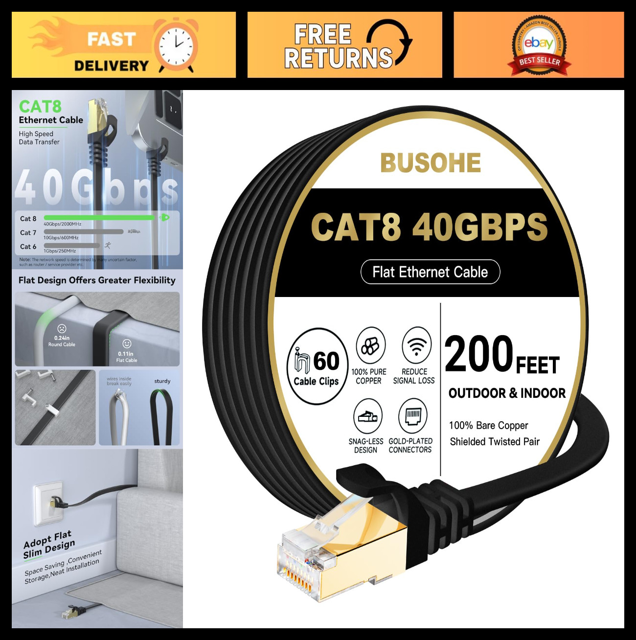 High-Speed Cat 8 Ethernet Cable 200FT, 40Gbps 2000MHz Flat LAN Wire, Shielded, R