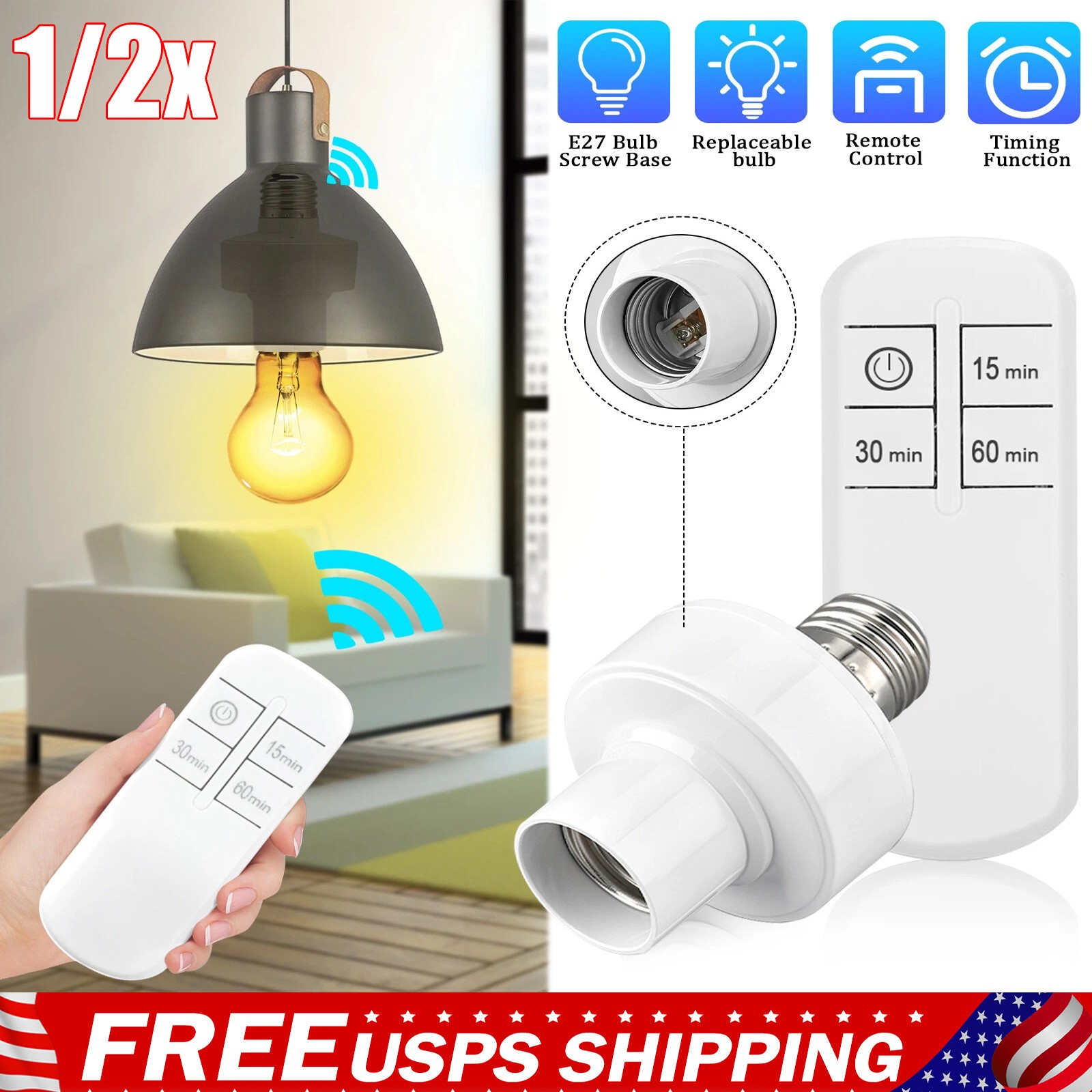 Wireless Remote Control Light Lamp E27 Screw Bulb Base Holder Cap Socket Switch