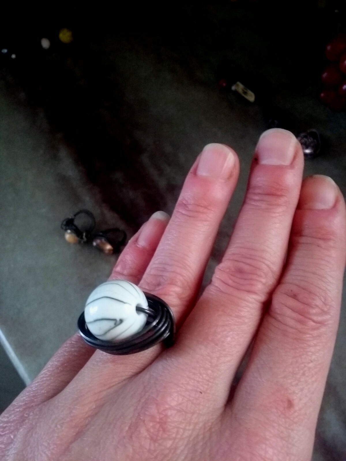 Large Wire Wrap Statement Ring, White Black Striped 'Marble' Charm, Size 8, NEW