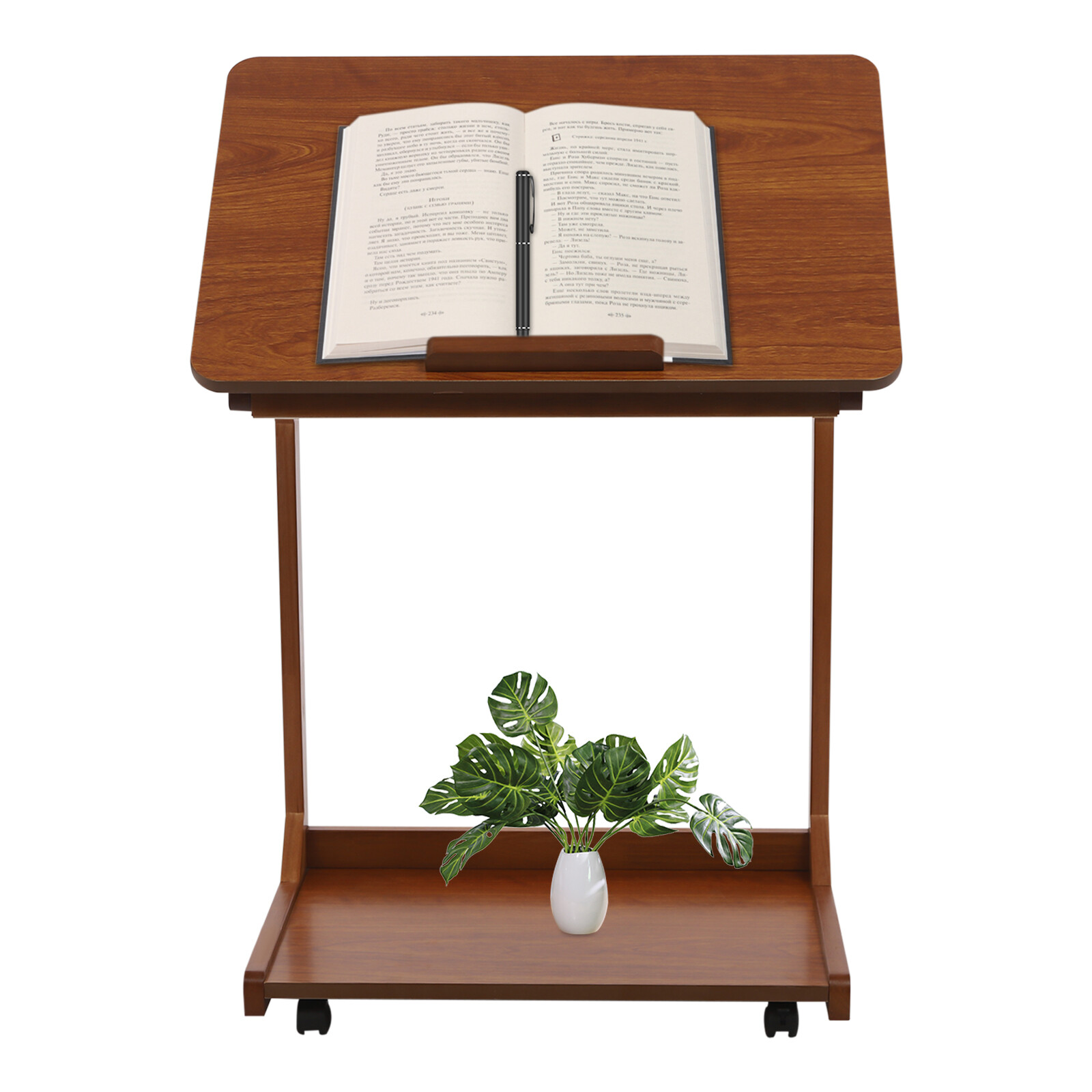 C-Shaped End Table with 4 Wheels, Adjustable Height, Modern Design
