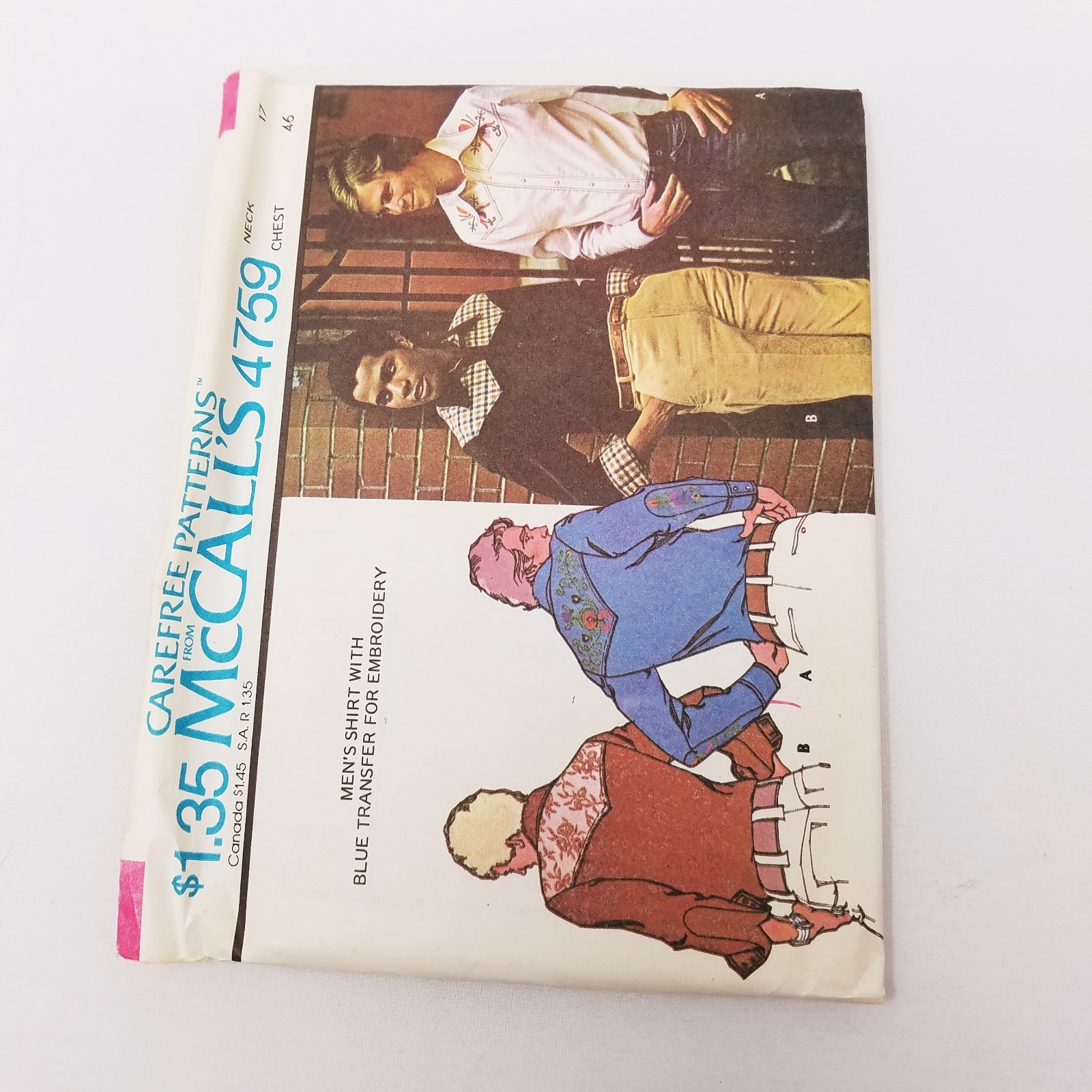 Vtg McCalls Sewing Pattern 4759 70s Western Button Up Collared Shirt Mens sz 46