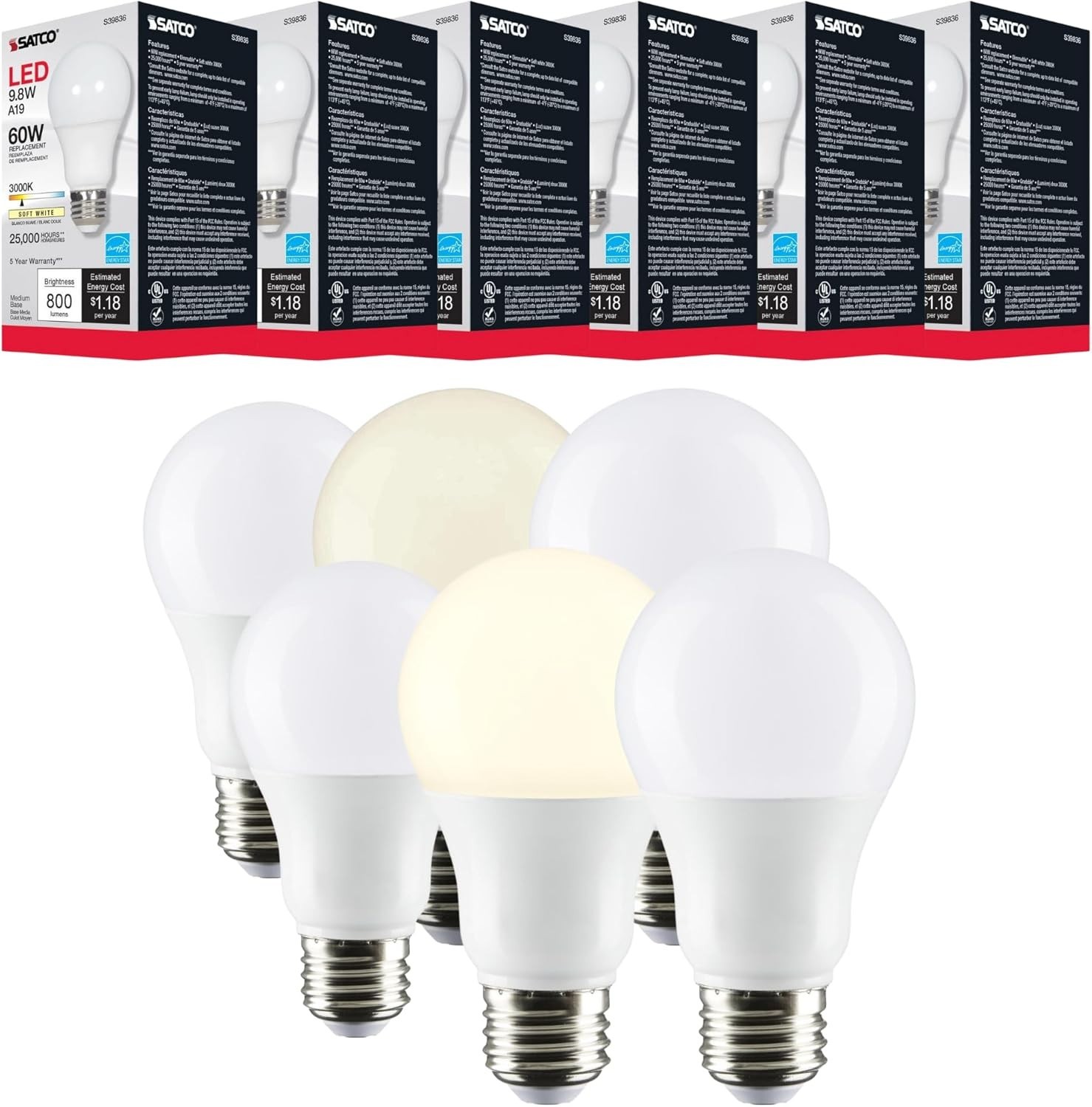 Satco S39836 - 9.8 Watt A19 LED Bulbs - 3000K - Omni-directional (6 Pack)