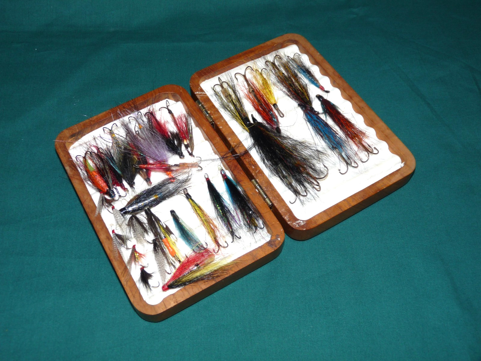 Polished wood inlaid fly box , approx 30  Waddington and salmon flies, 897