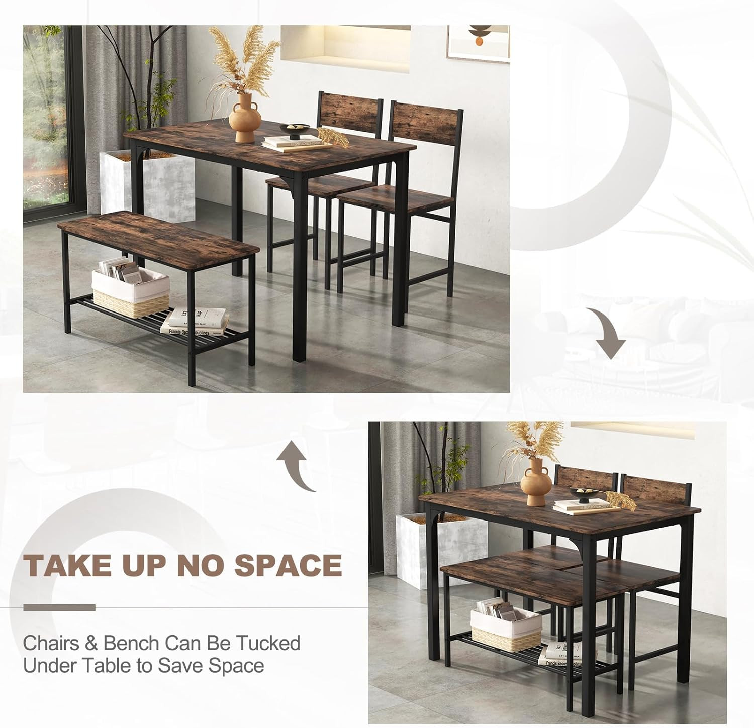 Giantex Dining Table Set for 4, Kitchen Table with Bench and Chairs, Industrial