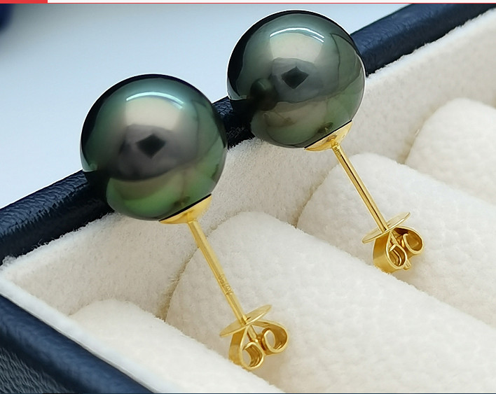 PAIR 13MM NATURAL SEA TAHITIAN GENUINE BLACK GREEN ROUND PEARL STUD EARRING 3