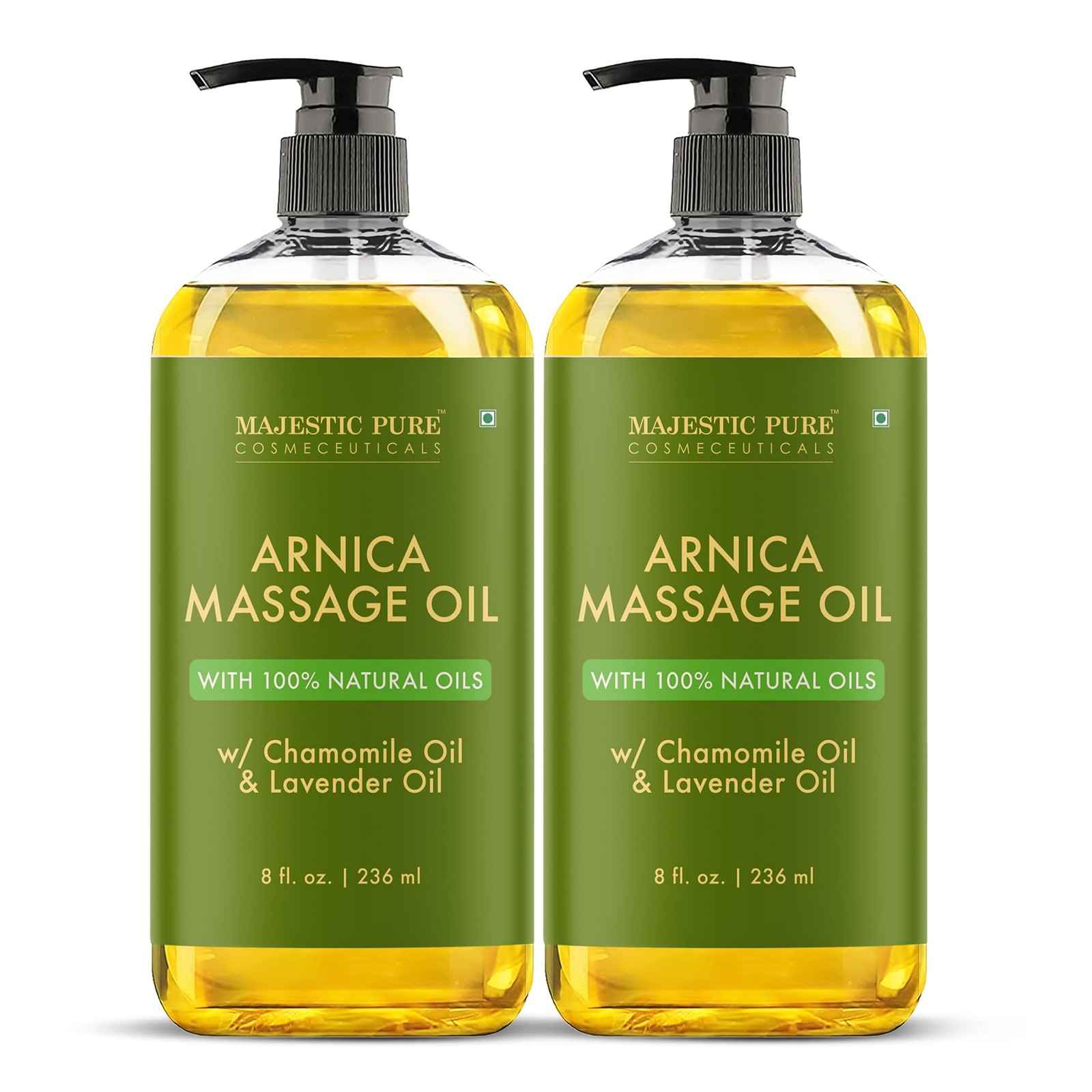 MAJESTIC PURE Arnica Sore Muscle Massage Oil for 8 Fl Oz (Pack of 2), Yellow