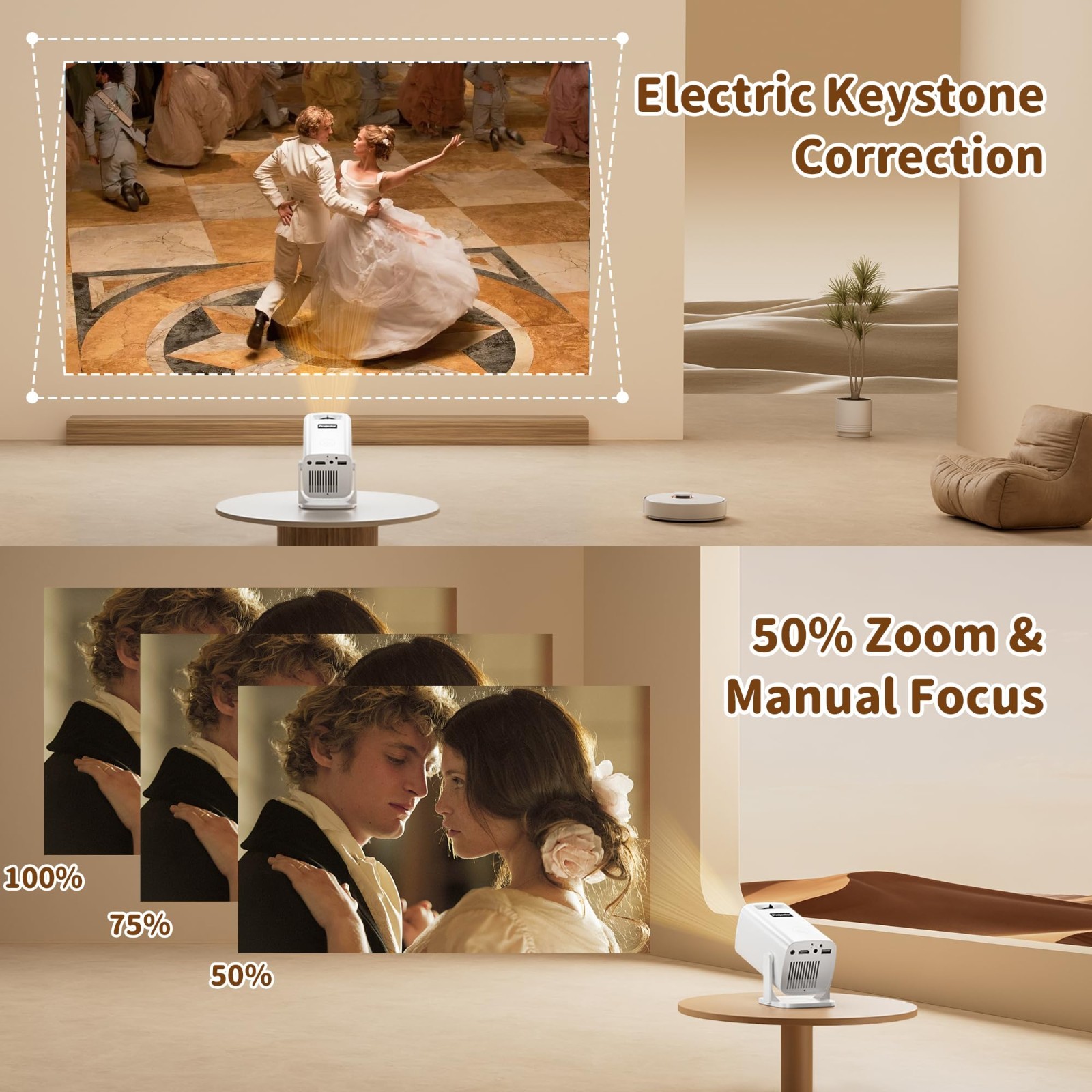 4K Mini Projector - Portable, Electric Focus, Keystone, Rotatable Stand, Short T