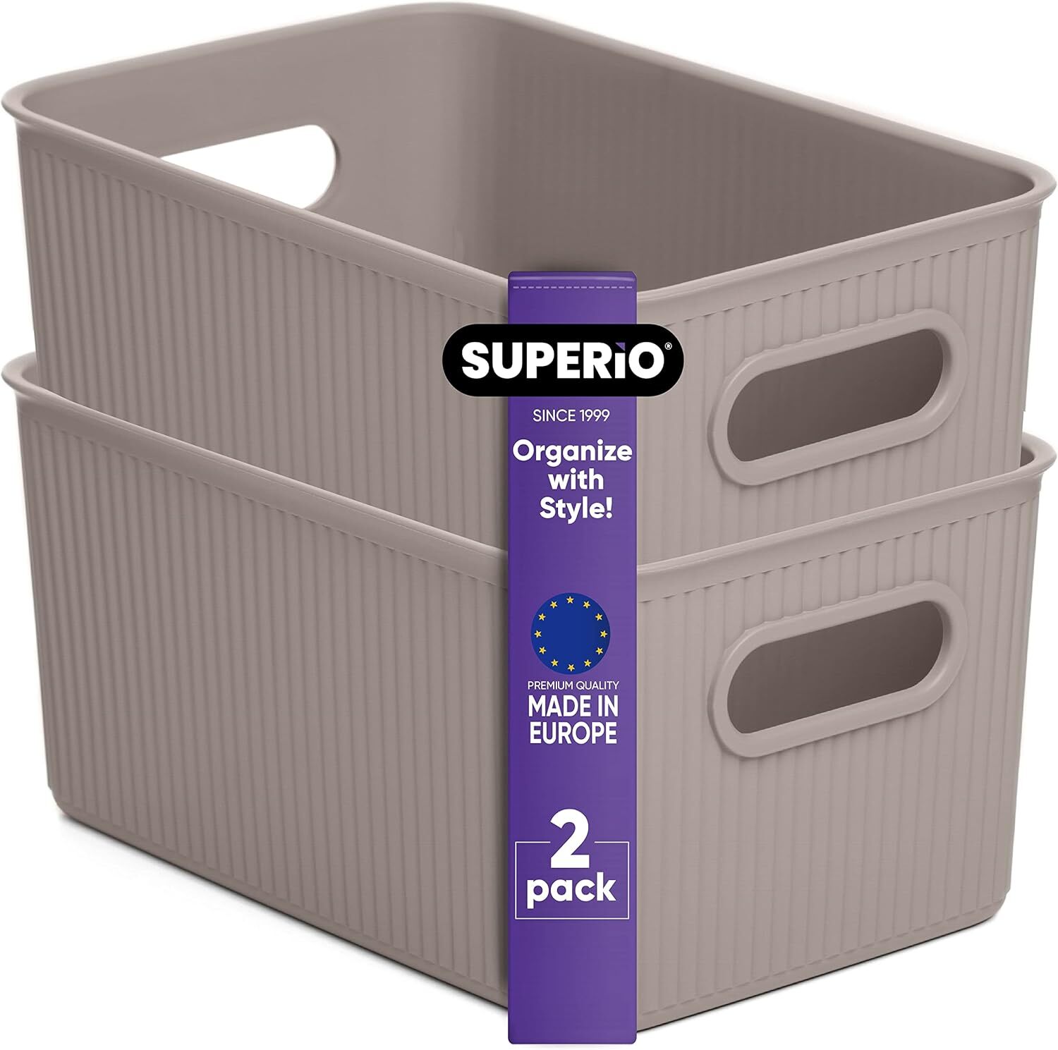 Superio 5L Small Ribbed Storage Bin- Plastic Storage Bin  (2 Pack, Taupe)