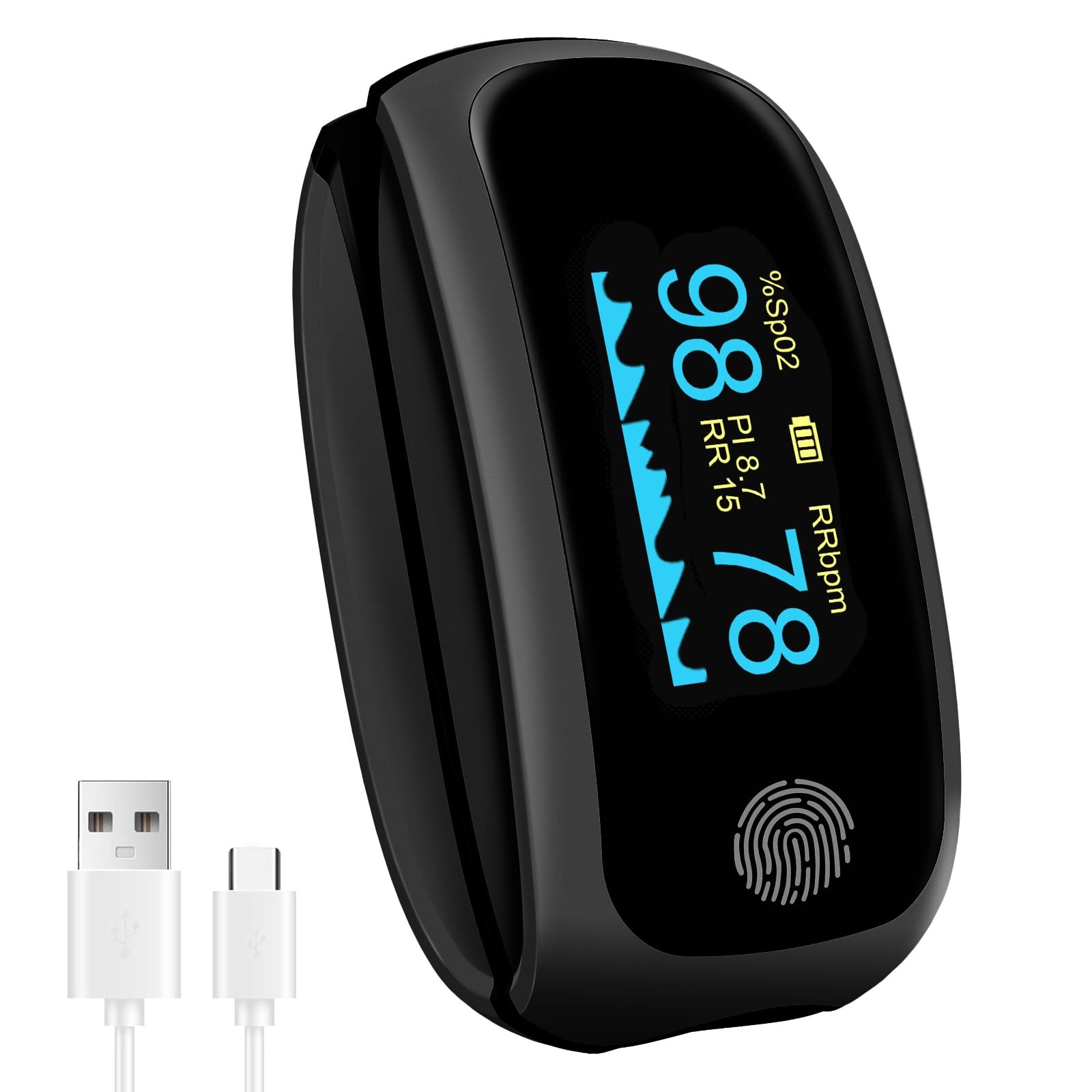 Rechargeable pulse oximeter with respiration, with O2 Pulse Rate PI RR Respir...