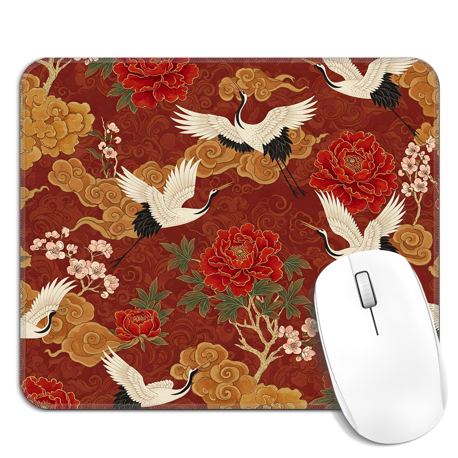 Cquwb Red Floral Japanese Crane Mouse Pad, 9.5L x 7.9W inches,