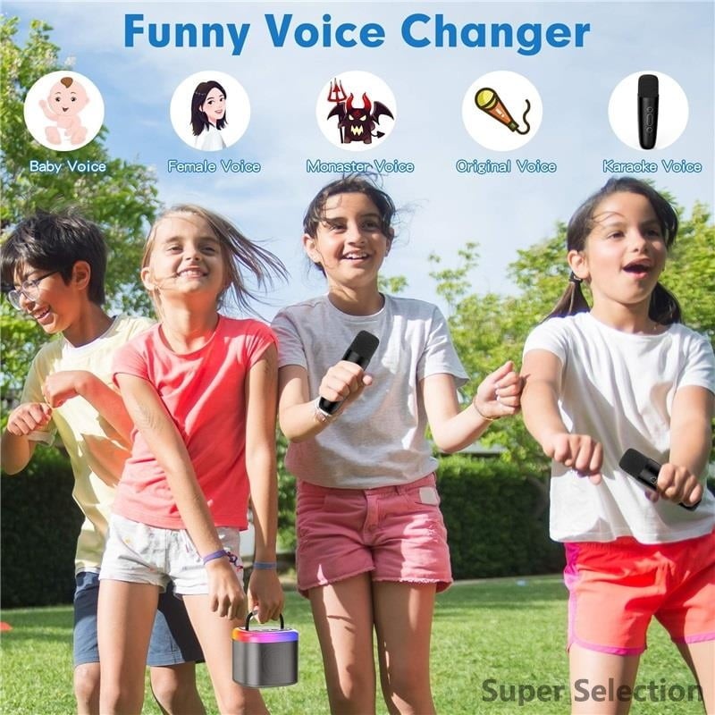 Kids Karaoke Machine With 2 Wireless Mics, Portable Bluetooth With LED Lights