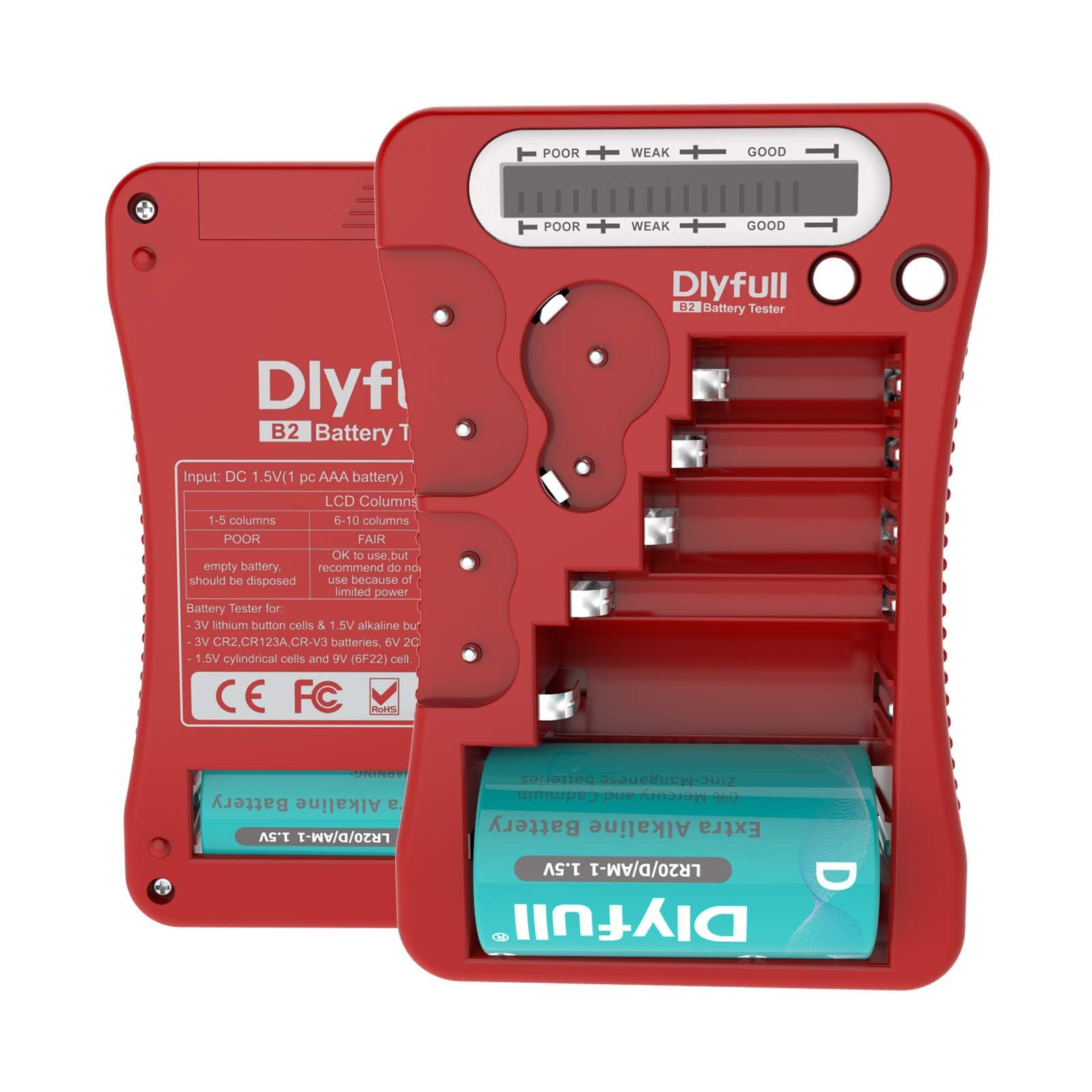 Dlyfull Battery Tester, LCD Display Universal Checker Compact, Red