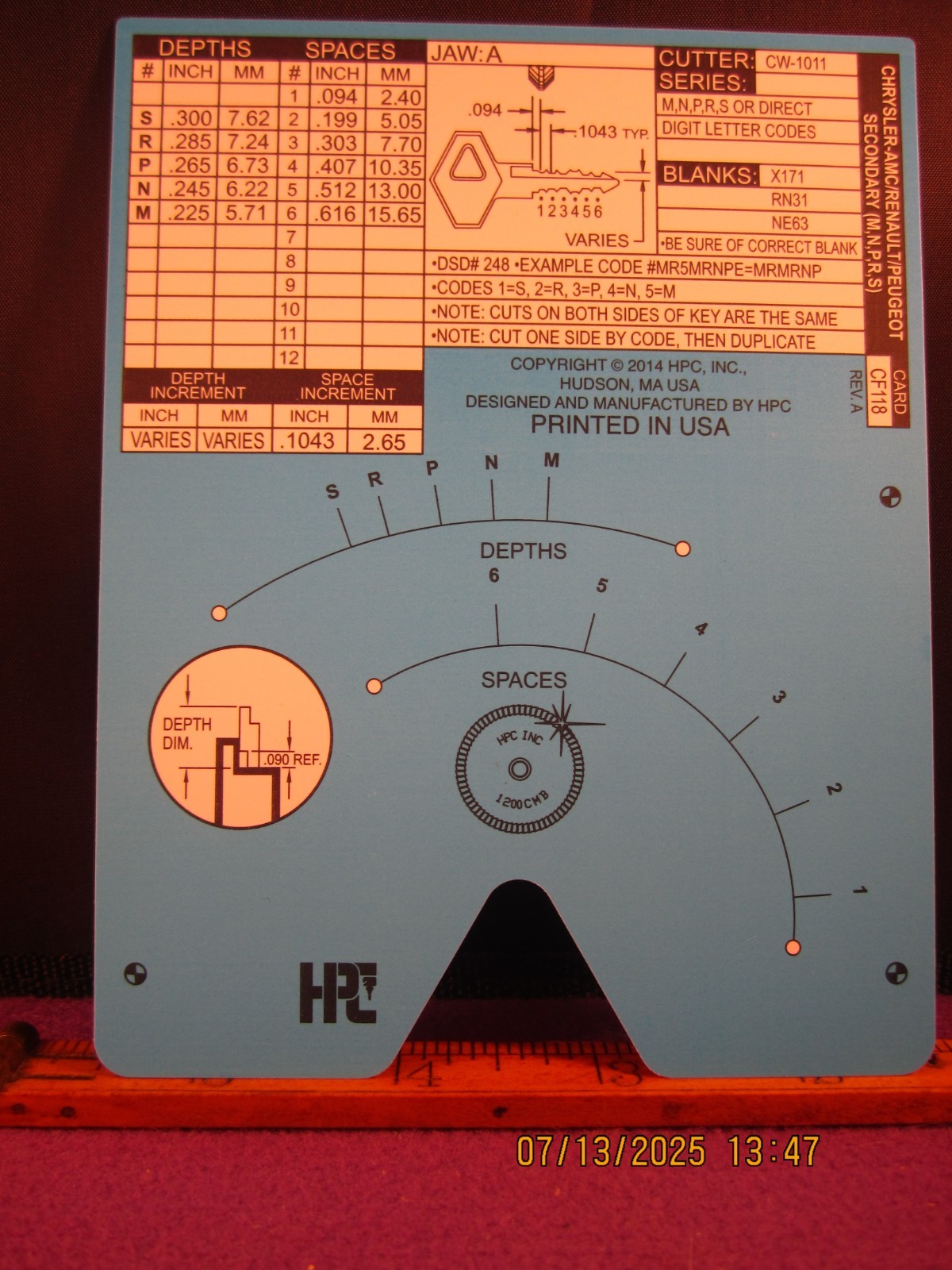 HPC 1200 BLITZ KEY CODE CARD CF 118  ( CHRYSLER AMC RENAULT PEUGEOT ) BRAND NEW