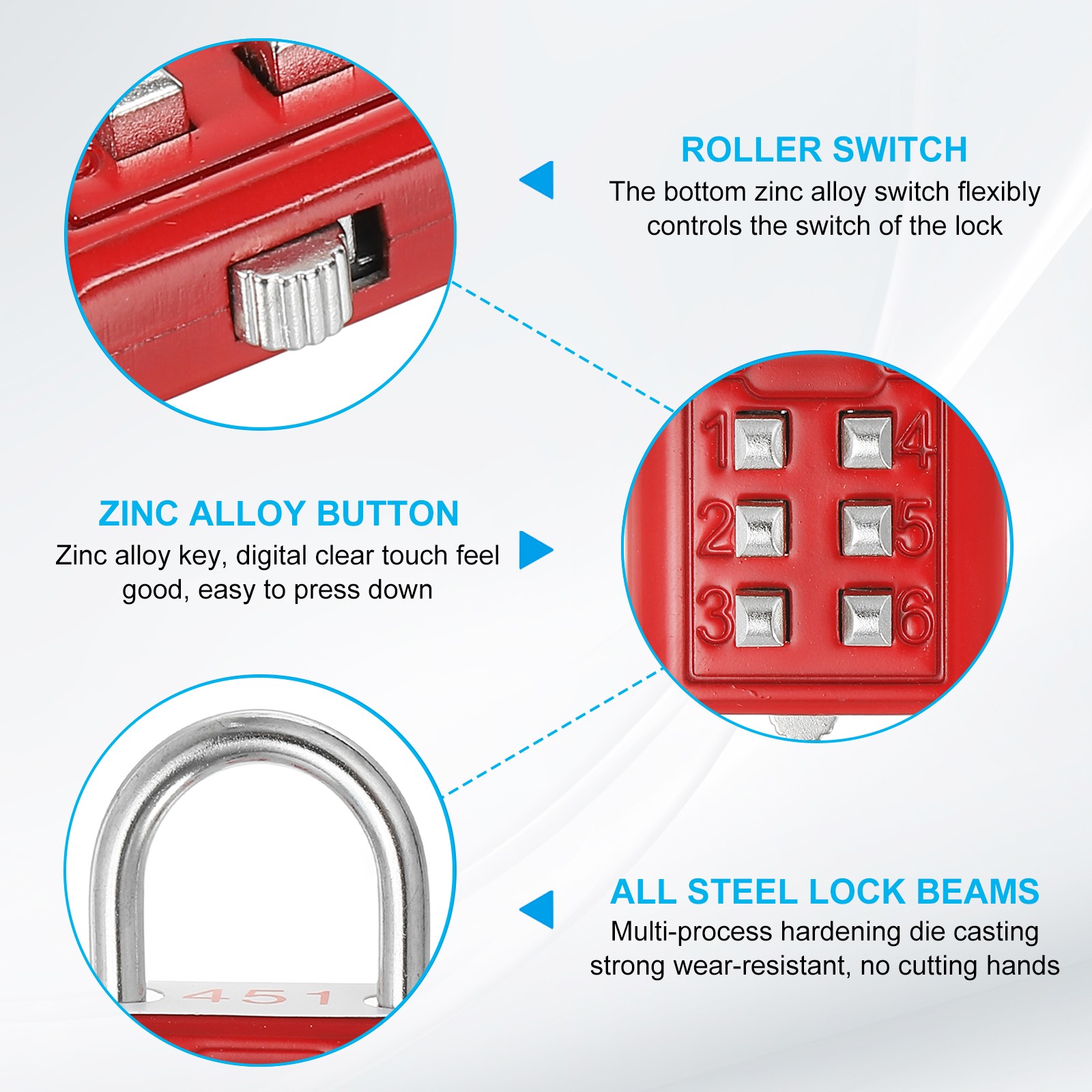 6 Digit Button Combination Padlock 2pack 3 Digit Locking Mechanism Lock Red