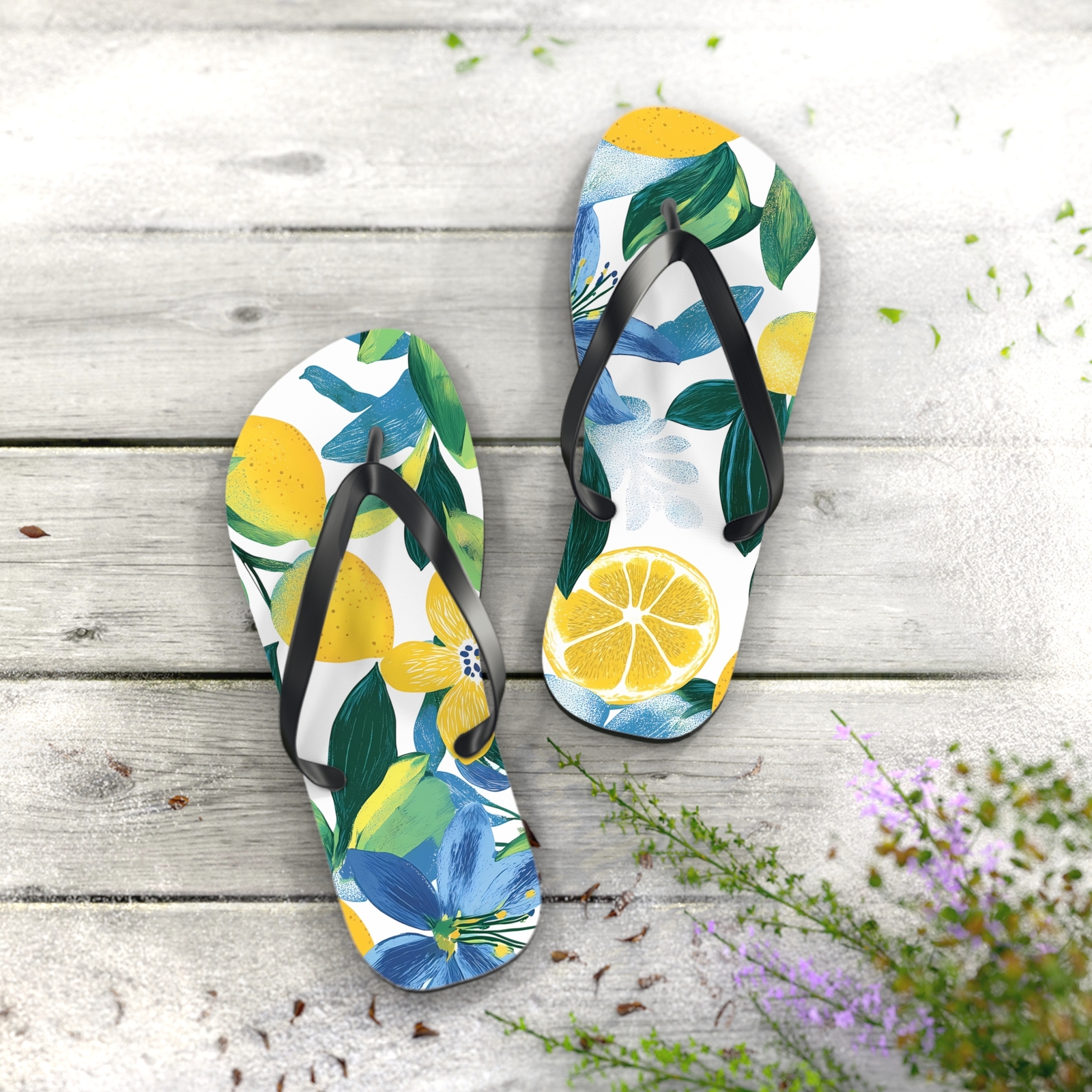 Lemon Floral Flip Flops, Summer Beach Sandals, Vacation Footwear, Pool Slides