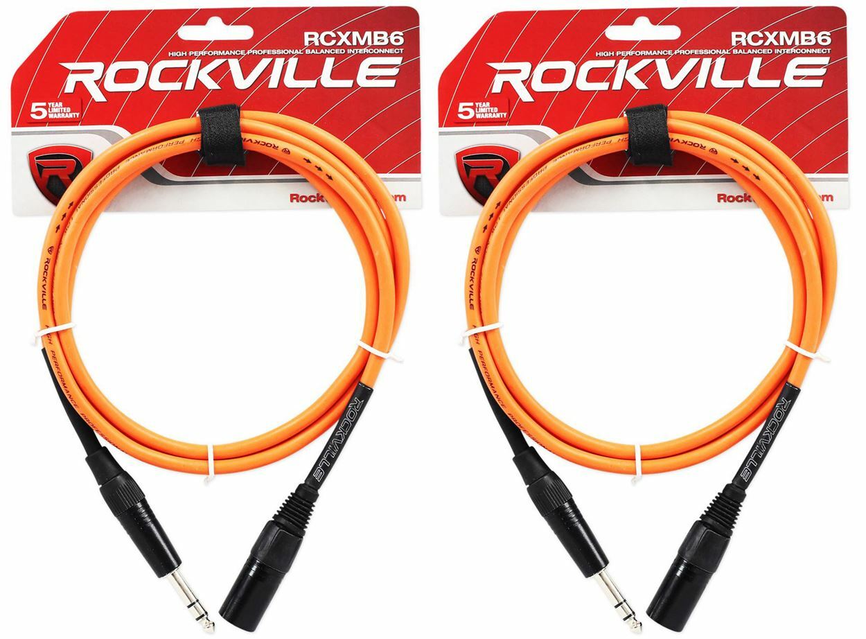 2 Rockville RCXMB6-O Orange 6' Male REAN XLR to 1/4'' TRS Balanced Cables