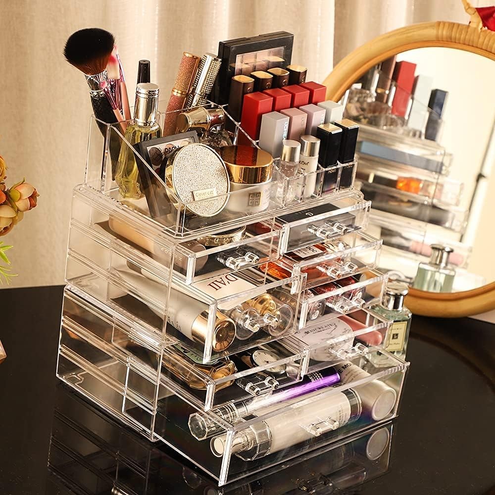 3 Pack Clear Make Up Organizer Countertop,Stackable 8 Drawers Makeup